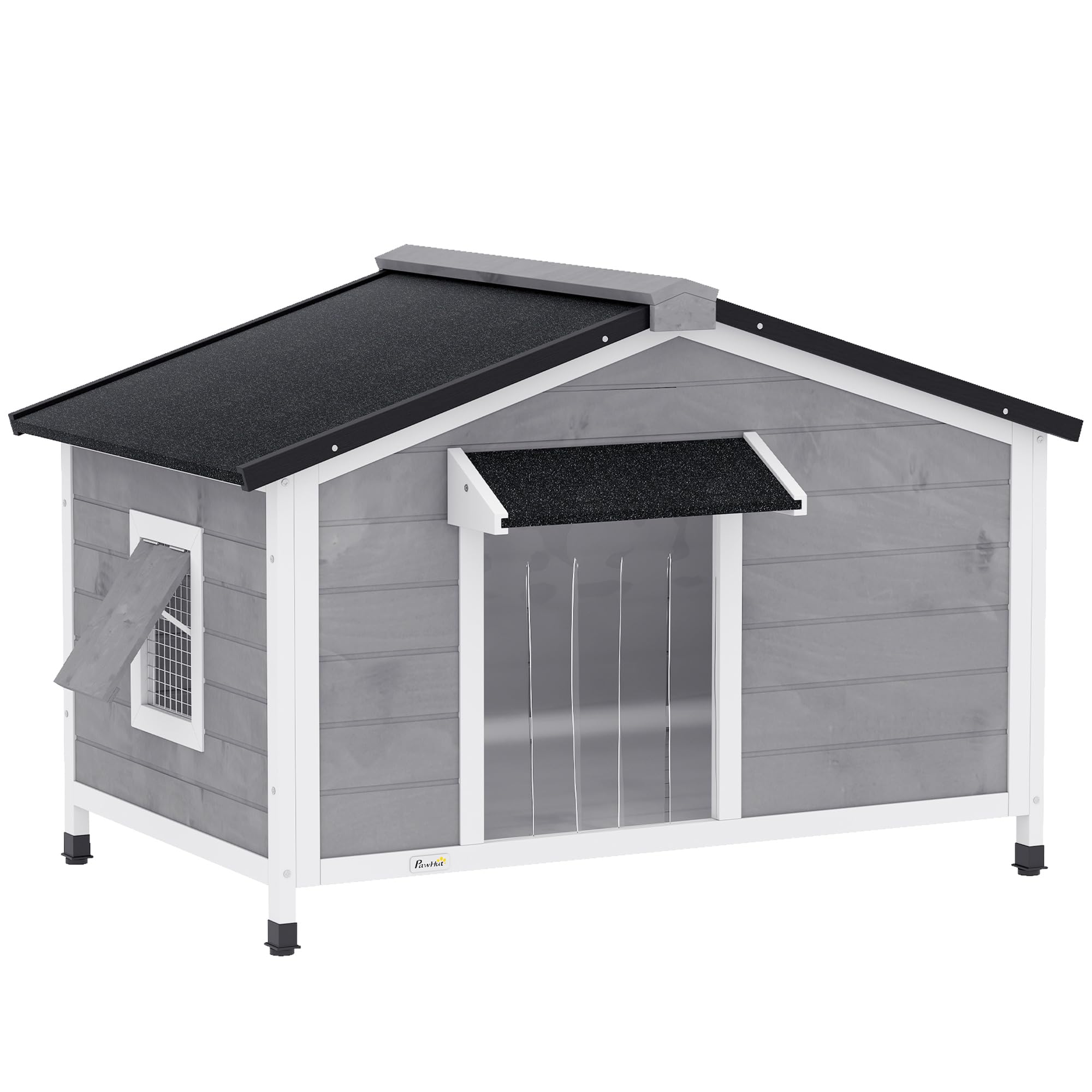 PawHut Casetta per Cani Taglia Piccola e Media in Legno di Abete, Design Rialzato con Tenda Protettiva, 2 Finestre e Fondo Rimovibile, 109x79x72 cm