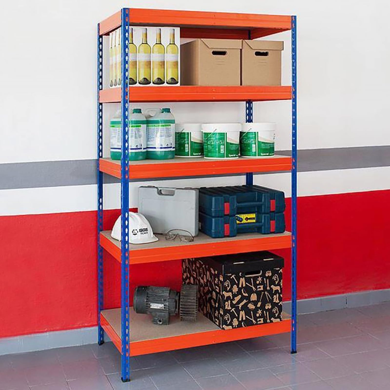 KARAT Scaffali Robusti | Scaffale Incastrato, Montaggio Senza Utensili | Scaffalature per Carichi Pesanti | Scaffalatura per Negozio e Garage | Scaffalatura da Officina Modulabile (Blu-Arancio 220 x