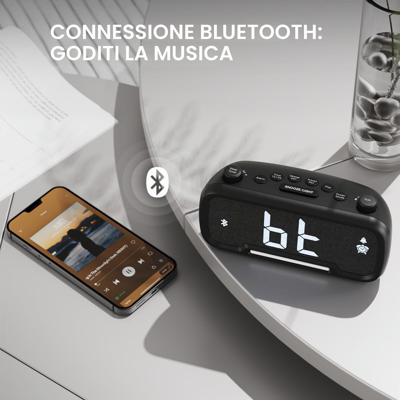 Radiosveglia Digitale da Comodino, FM Radio Sveglia con Luce Noctturna, Altoparlante Bluetooth, Porta USB & Type C, Snooze, Volume e Luminosità Regolabili, Sveglia per Sordi | Bambini | Adolescenti