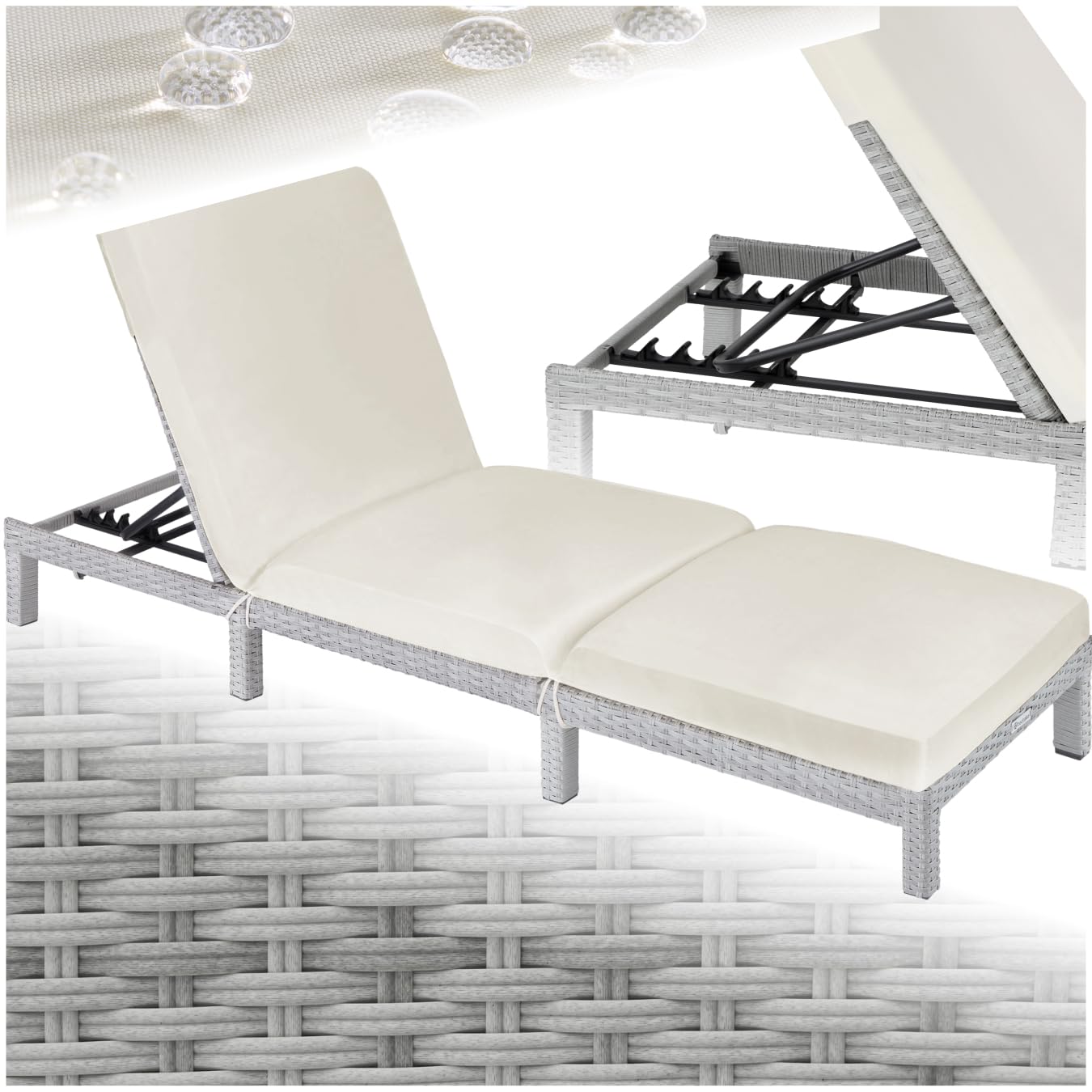 tectake® Lettino Prendisole in Rattan, Altezza Schienale Regolabile, Robusta Struttura in Acciaio, Lettino per Esterno e Interno, 196x66x22 cm, Cuscino Imbottito Rimovibile Incluso - Grigio Chiaro