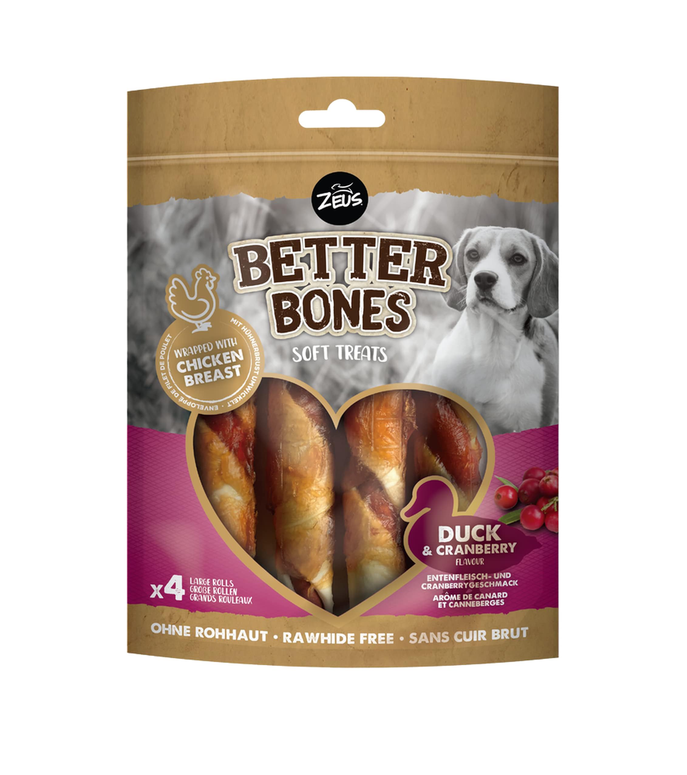 BetterBones – weicher Kausnack für Hunde, ohne Rohhaut, umwickelte Rollen mit Ente mit Cranberry, 12,5cm, 4er Pack