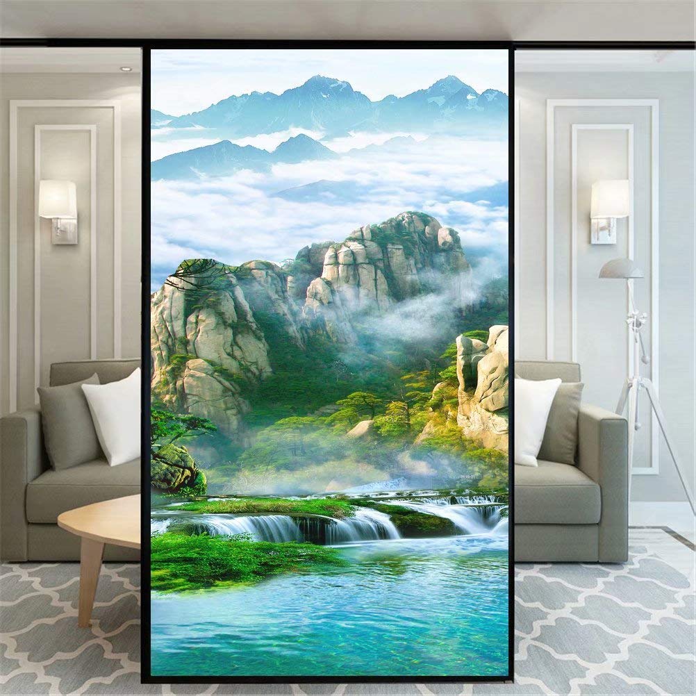 Privacy Window Film Beautiful Landscape Decorative Opaque Non-Adhesive Static Cling Frosted Glass Window Film Window Stickers for Home Office 75x100cm(29.5