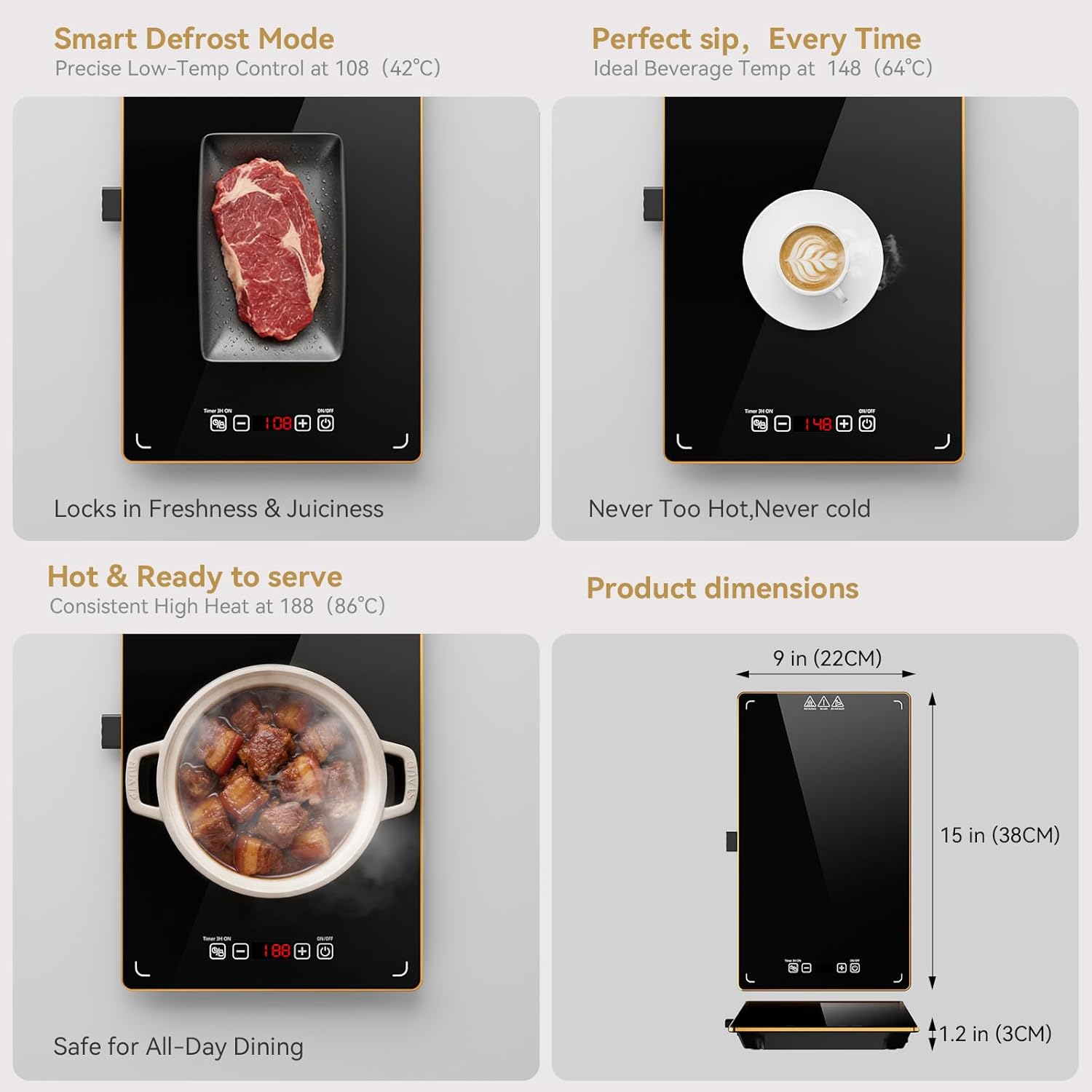 Electric Warming Tray, 5-in-1 Modular Connectable Food Warming Tray, Tempered Glass Top with Aluminum Gold Frame, Buffet Warmer for Parties, Catering & Family Gatherings, 43.3 15 in