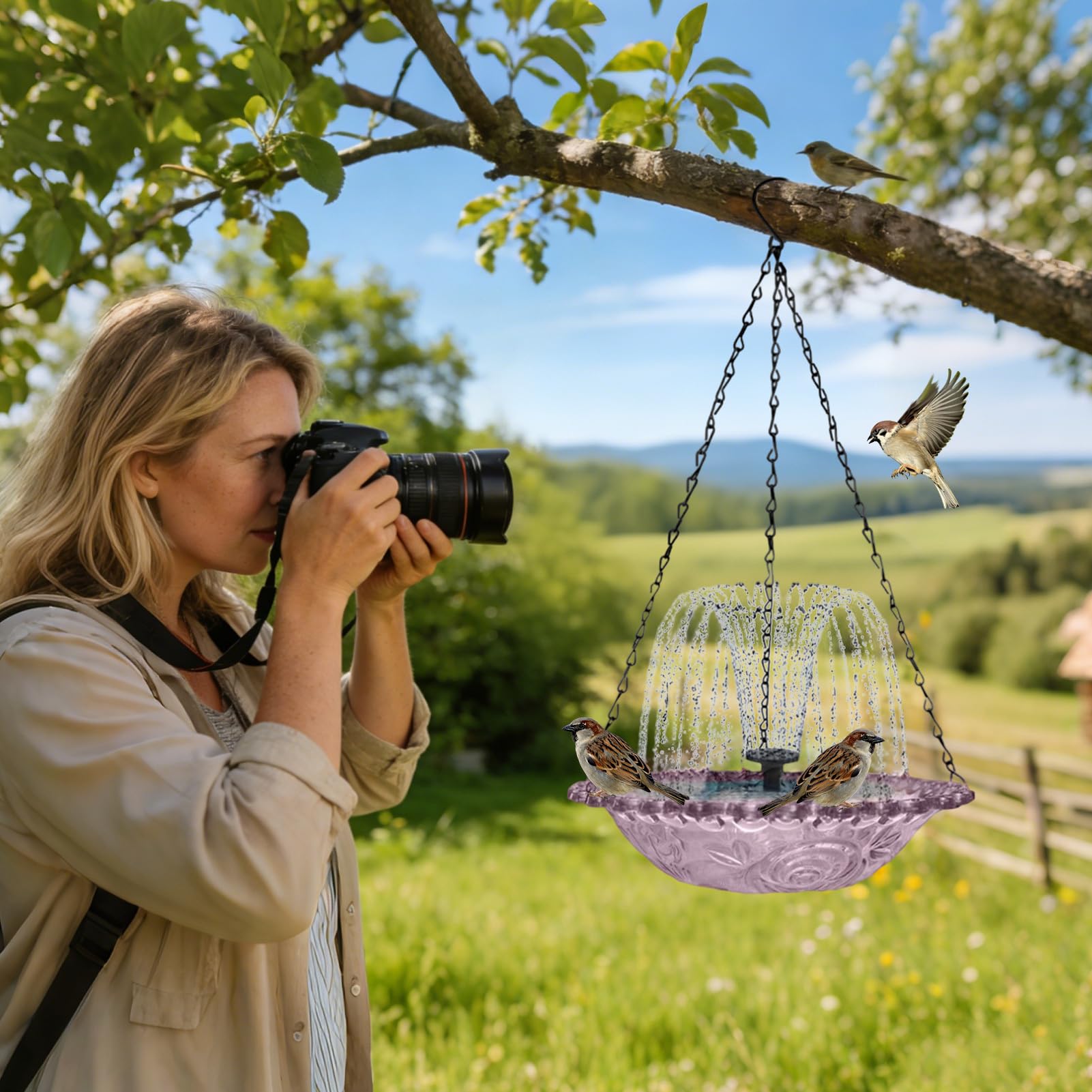 Baño solar para pájaros Bebedero Colgante con Ducha | Fuente Solar con Bomba de Agua para Aves para Jardín, Patio, Colibrí, Exterior, Balcón