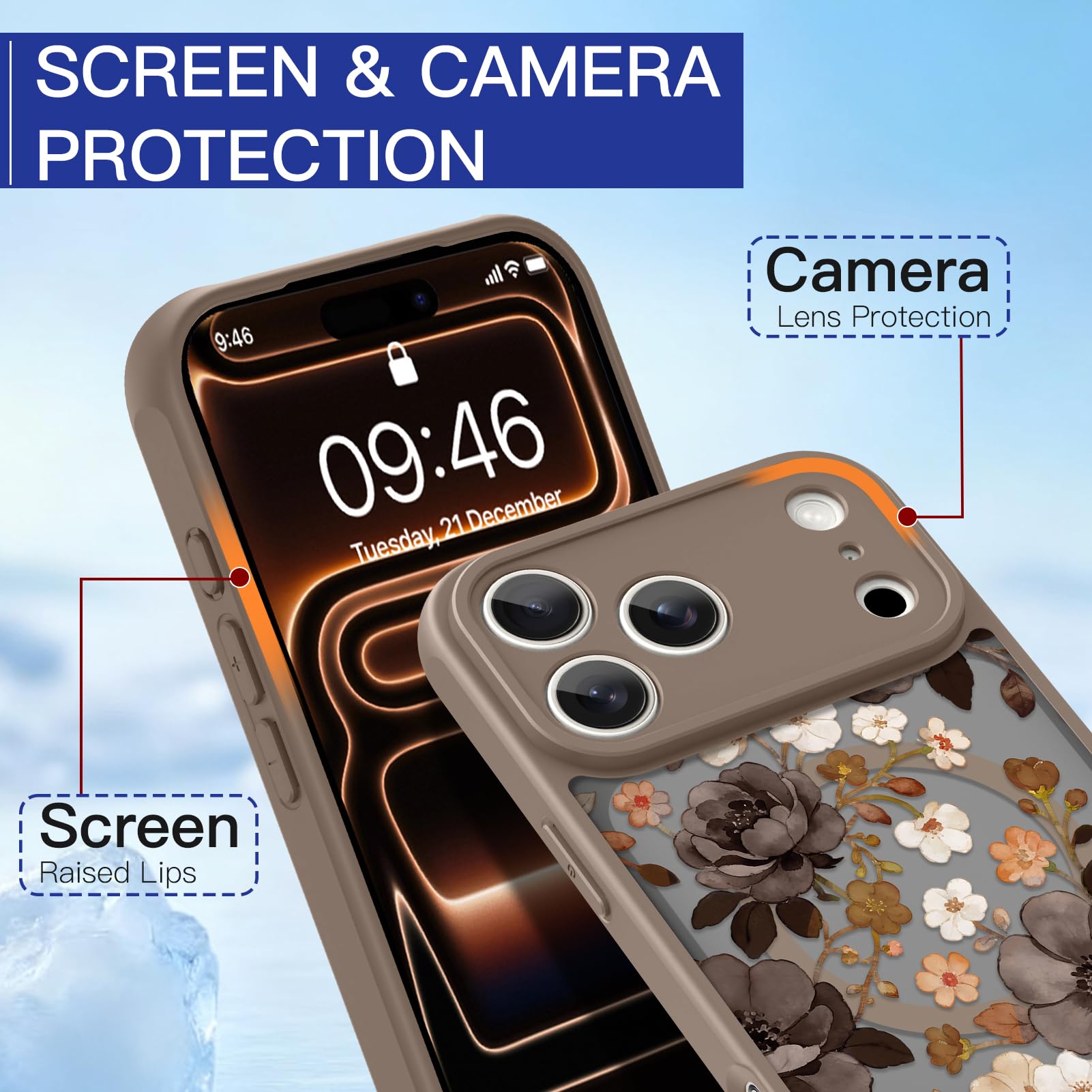 LSL Funda magnética para iPhone 17 Pro Max compatible con MagSafe, bonito diseño de flores, funda protectora de TPU a prueba de golpes para mujeres y niñas, color marrón