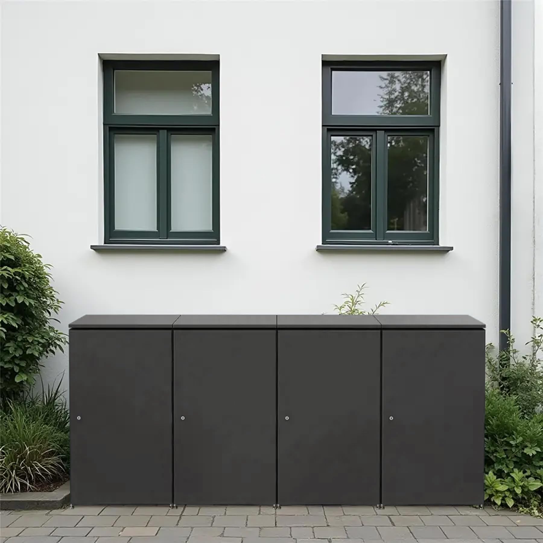 Metzler Mülltonnenbox 4er 240L in Eisenglimmer | Für 4 Tonnen aus Aluminium rostfrei & abschließbar | Mülltonnenverkleidung außen mit Automatikdeckel & höhenverstellbare Füße | Müllbox für Garten