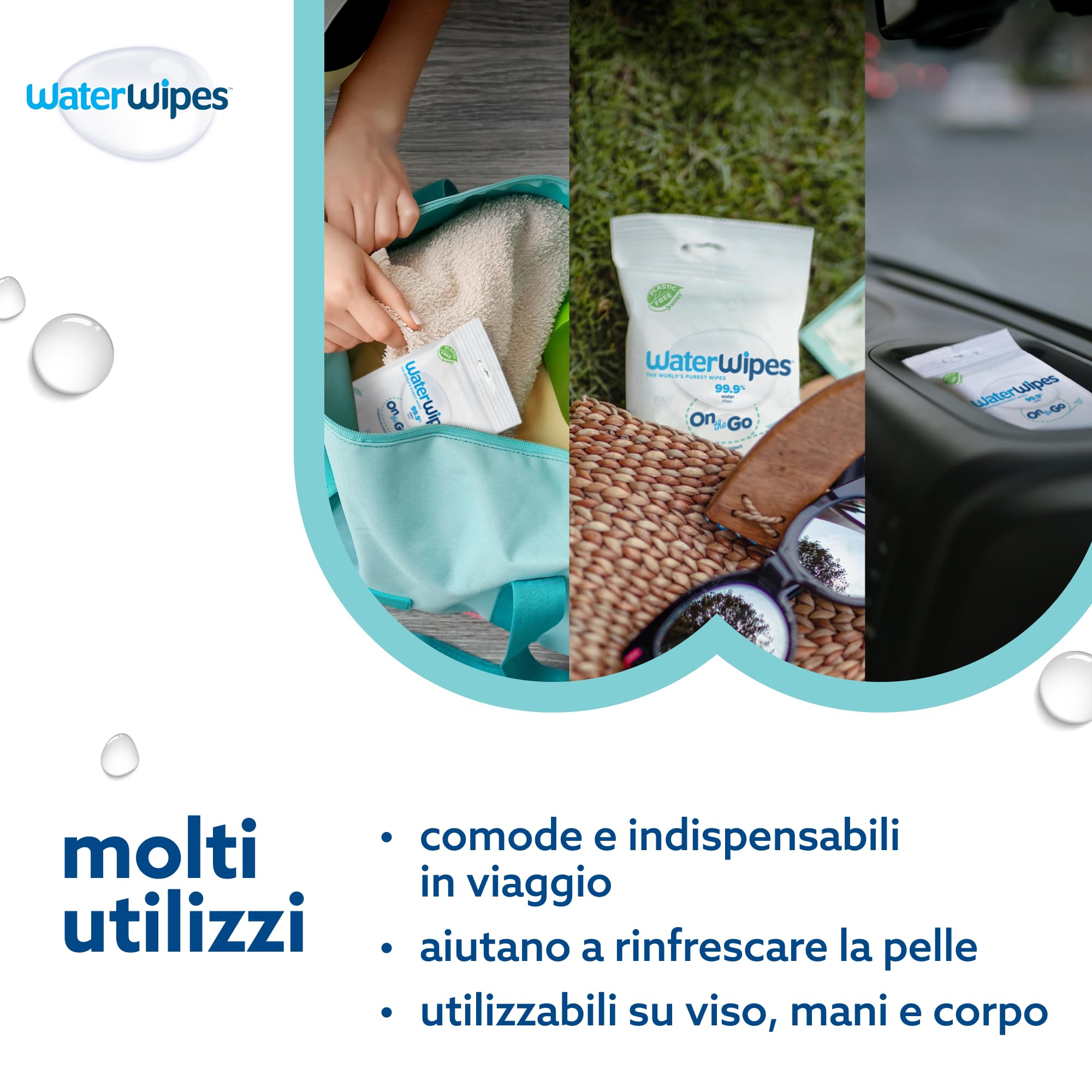 WaterWipes On The Go 224 Salviette Salviette Umidificate 99.9% Acqua per Viso e Corpo