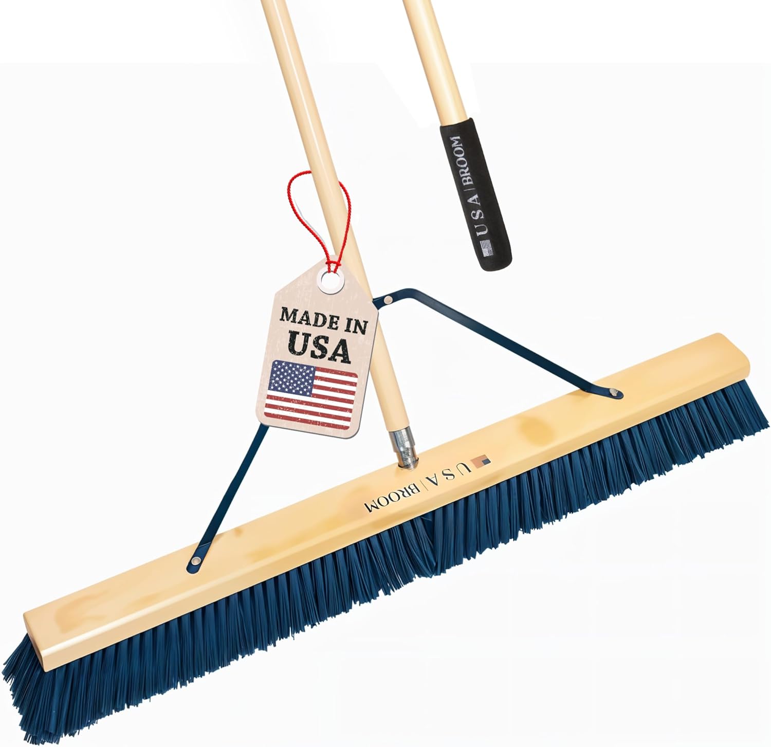 36" Heavy Duty Outdoor Push Broom with 60" Handle. Ideal for Ashpalt, Concrete & Heavy Debris. Durable American Made Steel Brackets-Stainless Steel Hardware. No Plastic. 100% Made in The USA. Heavy Duty Sweep - Blue