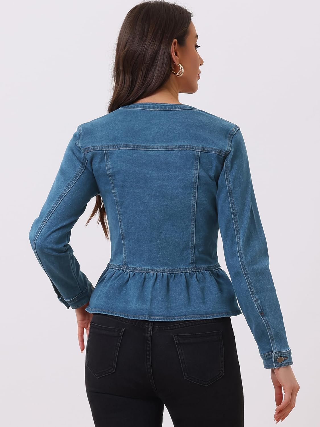 Allegra K Women's Peplum Denim Jackets Collarless Round Neck Button Down Cropped Ruffle Hem Jacket - Image 4