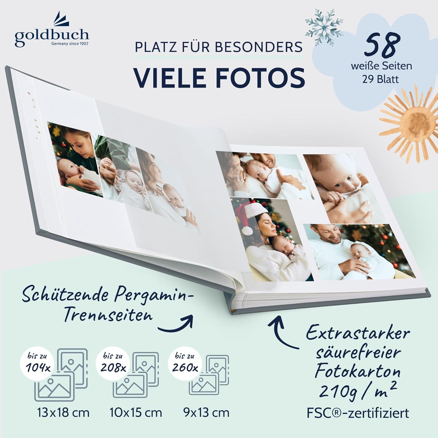 goldbuch 15 512 Baby Album Full of Wonder Meadow with Flower Motif, Linen Texture Photo Album with 58 White Blank Pages, Glassine & 4 Illustrated Pages, Album, Paper, Approx. 30 x 31 x 4 cm, Sage