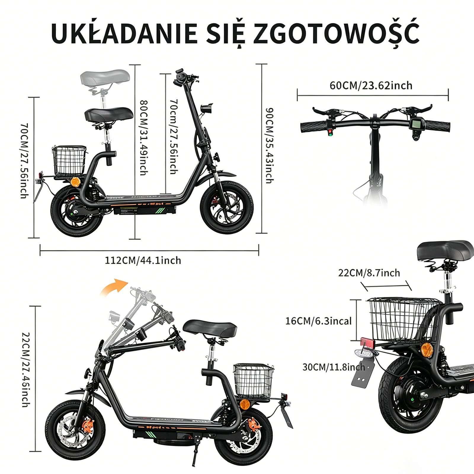 Składana Hulajnoga Elektryczna Dla Dorosłych, Odblokowywany Ogranicznik Prędkości (3 Ustawienia Prędkości), Akumulator 48 V 13 Ah, Wyświetlacz, Lusterko Wsteczne, Tylny Kosz