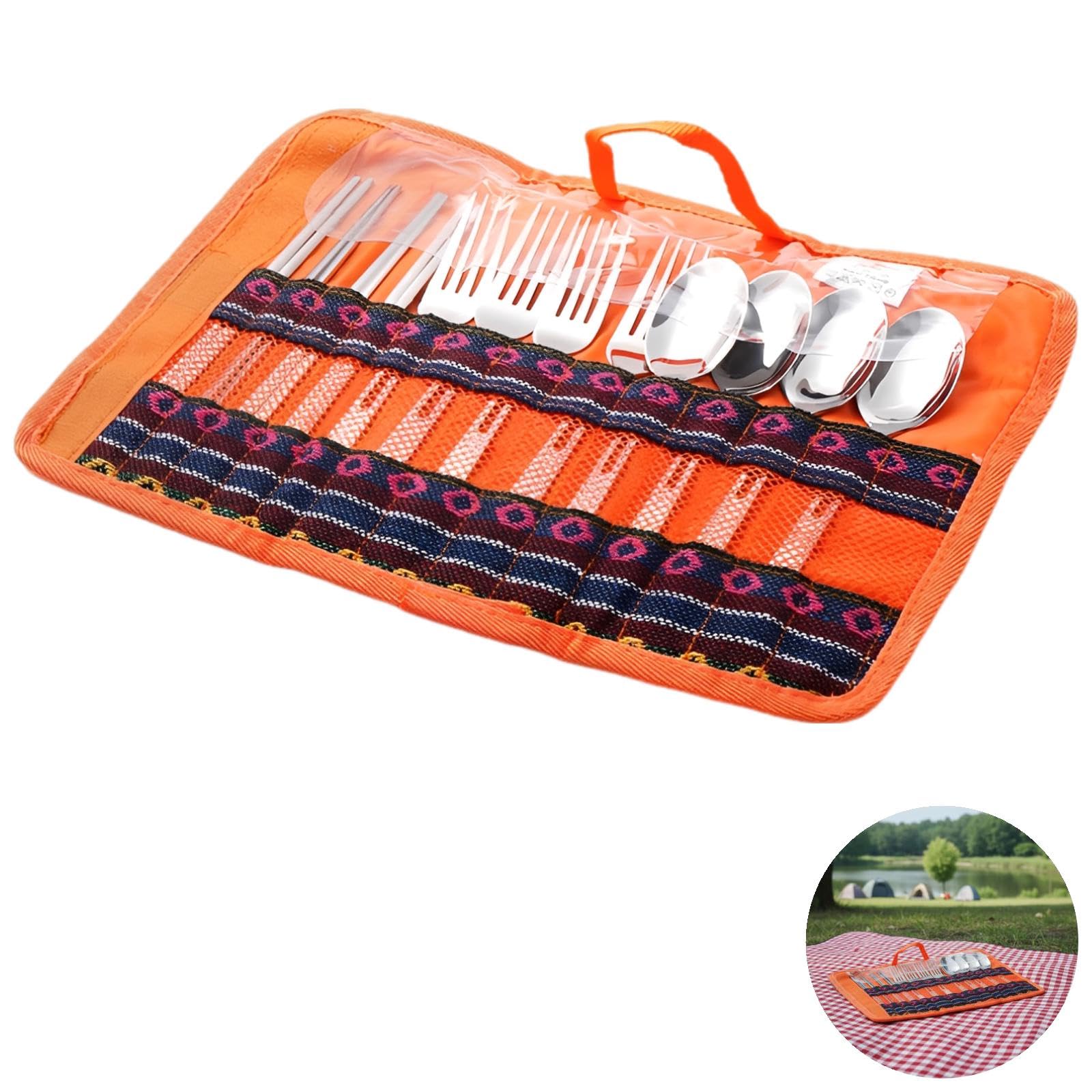 4-Personen Outdoor-Besteckset, tragbares Camping-Besteck aus Edelstahl, mit Gabeln, Löffeln und Essstäbchen, Roll-up Reise- und Picknicktasche im Ethno-Stil, kompakt, 90 x 245 mm, für BBQ und Wandern
