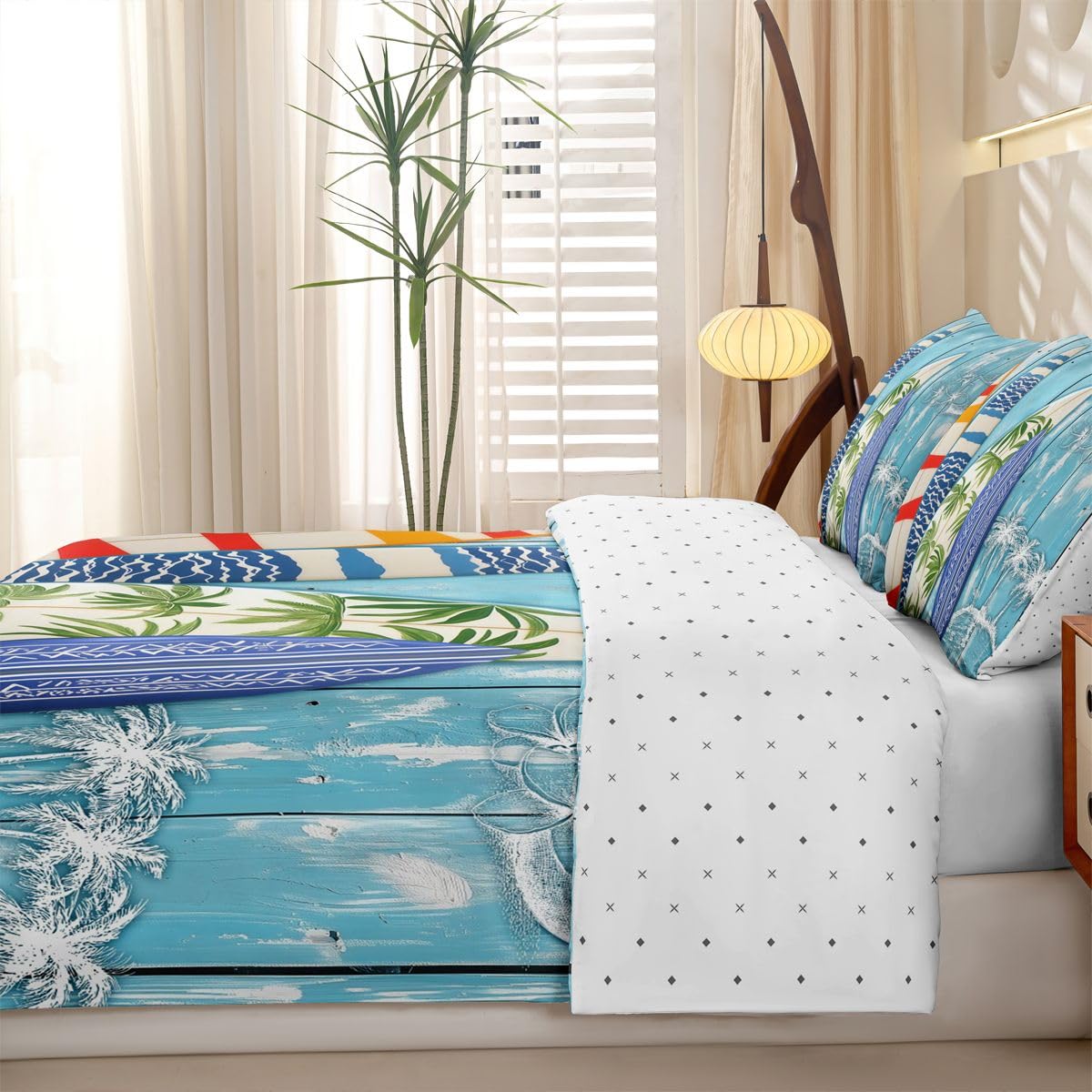 Homewish Tropisches Surfbrett Microfaser Bettwäsche 135x200 4teilig | Holzplanke Bettbezug Palme Strand Küste Bettwäsche Set Coole Kokosnuss Saft Bettset Weich