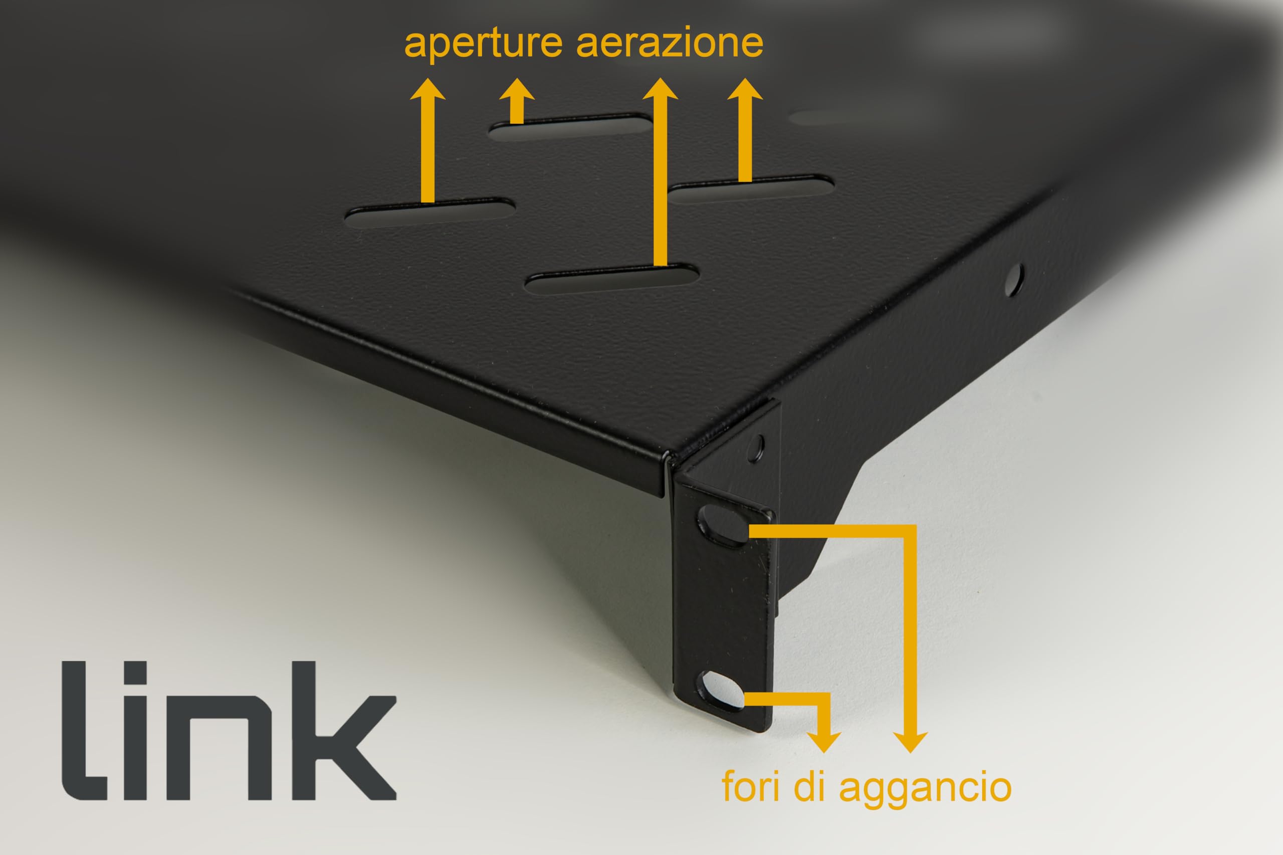 LINK LKRIP200N - Mensola in acciaio per armadio rack 19" (200 mm profondità, nero RAL9005) – Superficie traforata per ventilazione – Portata 30 kg e attacchi frontali universali
