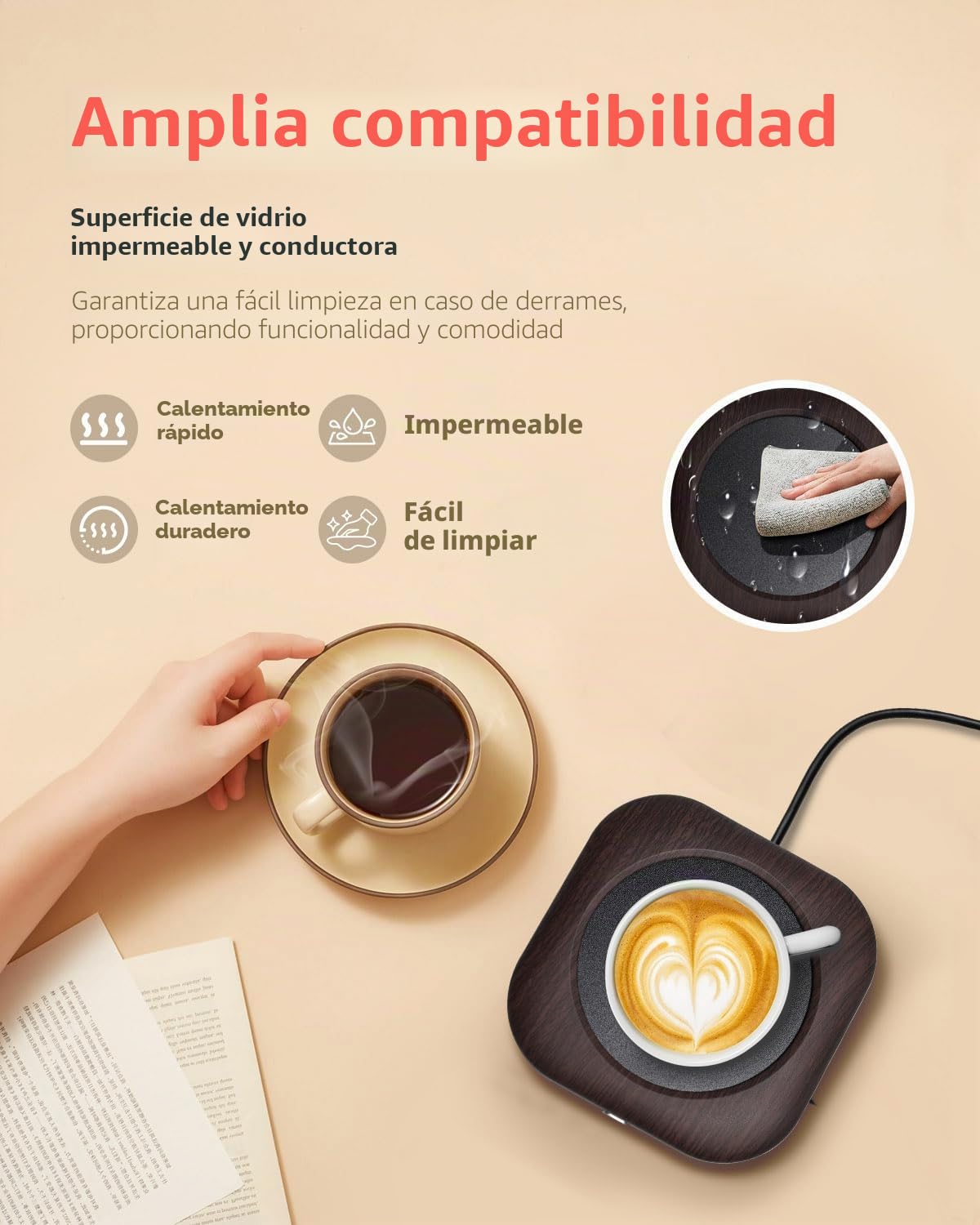 Calentador de tazas – Calentador de tazas de café de 24 W para escritorio con apagado automático de 4 horas, calentador de velas de madera inteligente de 3 temperaturas, ideal para regalos de