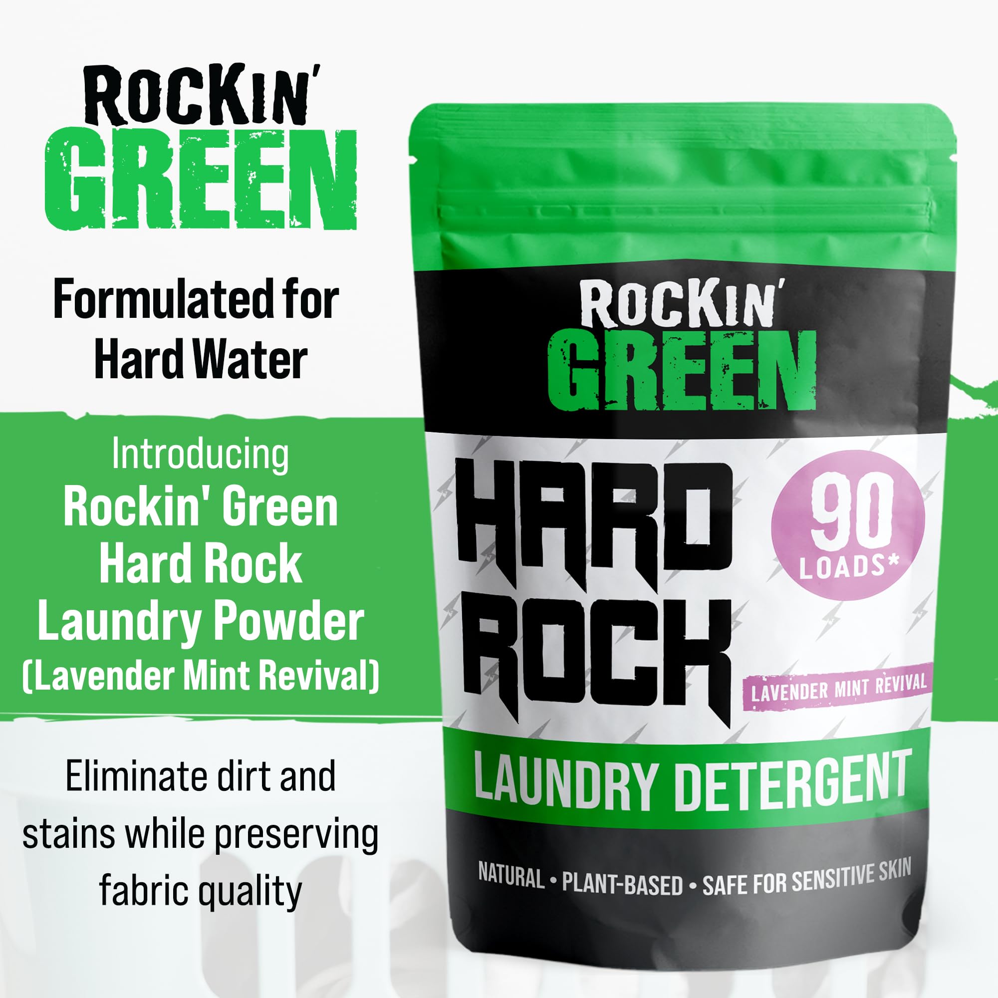 Rockin' Green | Detersivo per bucato naturale Hard Rock | lavanda menta Revival | 90 carichi, perfetto per vestiti del bambino