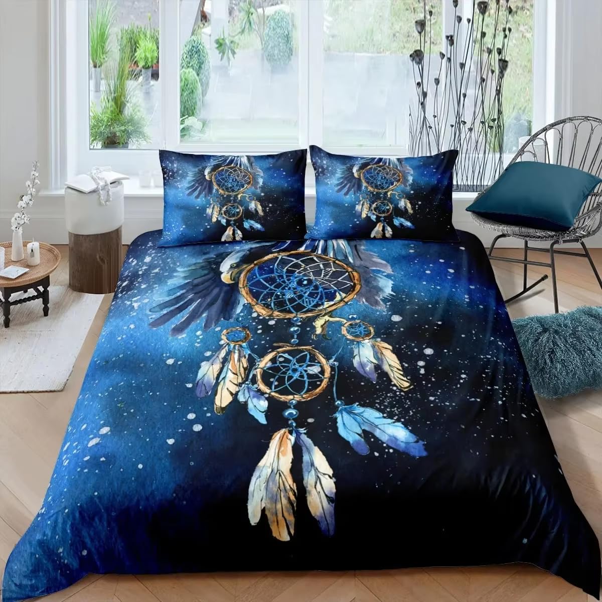 Housse de couette 260x240 attrape-rêves bleu avec ses taies d'oreiller de style bohème chic