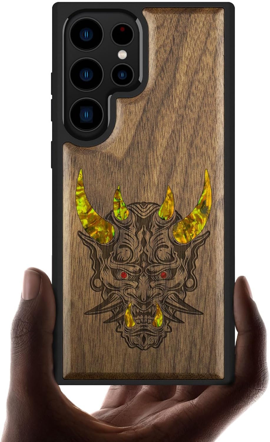 Carveit Designer Wooden Case for Samsung Galaxy S23 Ultra Cover [Wood Engraving & Shell Inlay] Compatible with Wireless Chargers S23 Ultra Case (Japanese Oni Mask-Walnut)