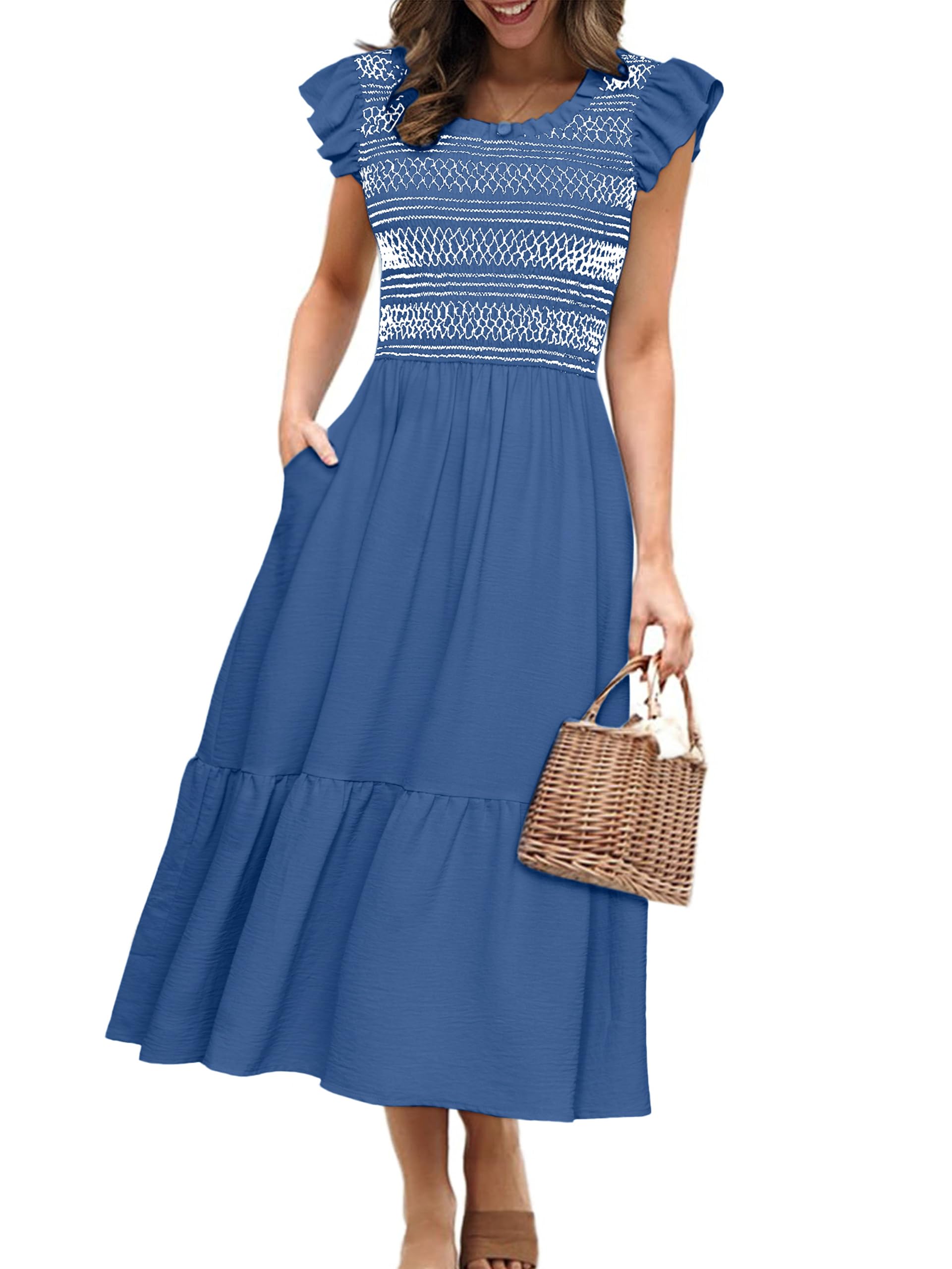Simplee Womens Summer Midi Dress Casual Boho Smocked Waist Flutter Sleeve A Line Flowy Tiered Dress with Pockets