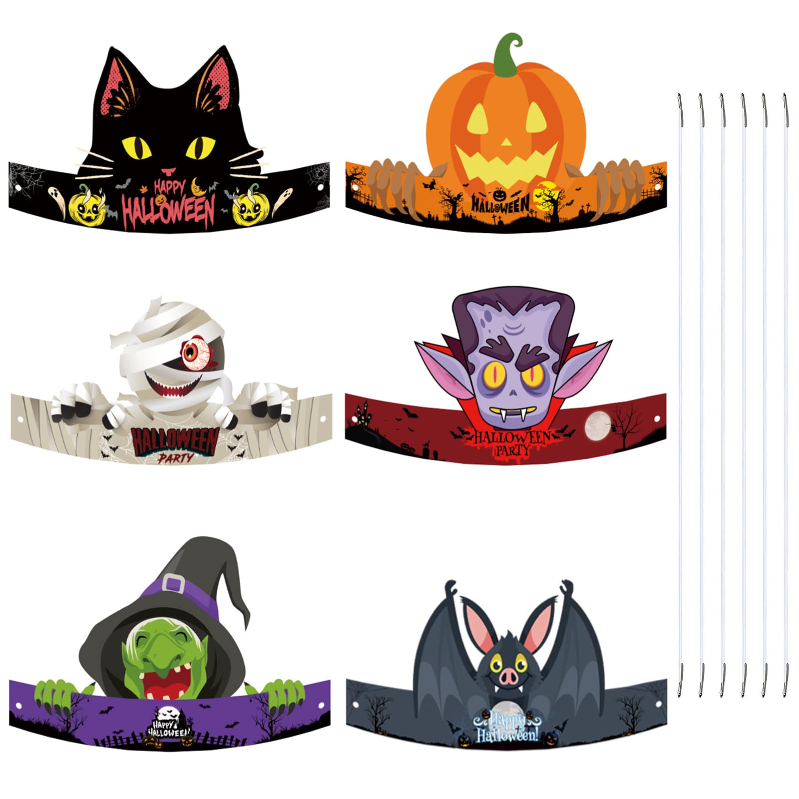 TIANHOO6 Pcs Halloween Party Hats Halloween Elements Paper Party Hats with 6 Ropes Adjustable Halloween Party Hats Decorations Portable Ghost Festival Headband Halloween Decorations