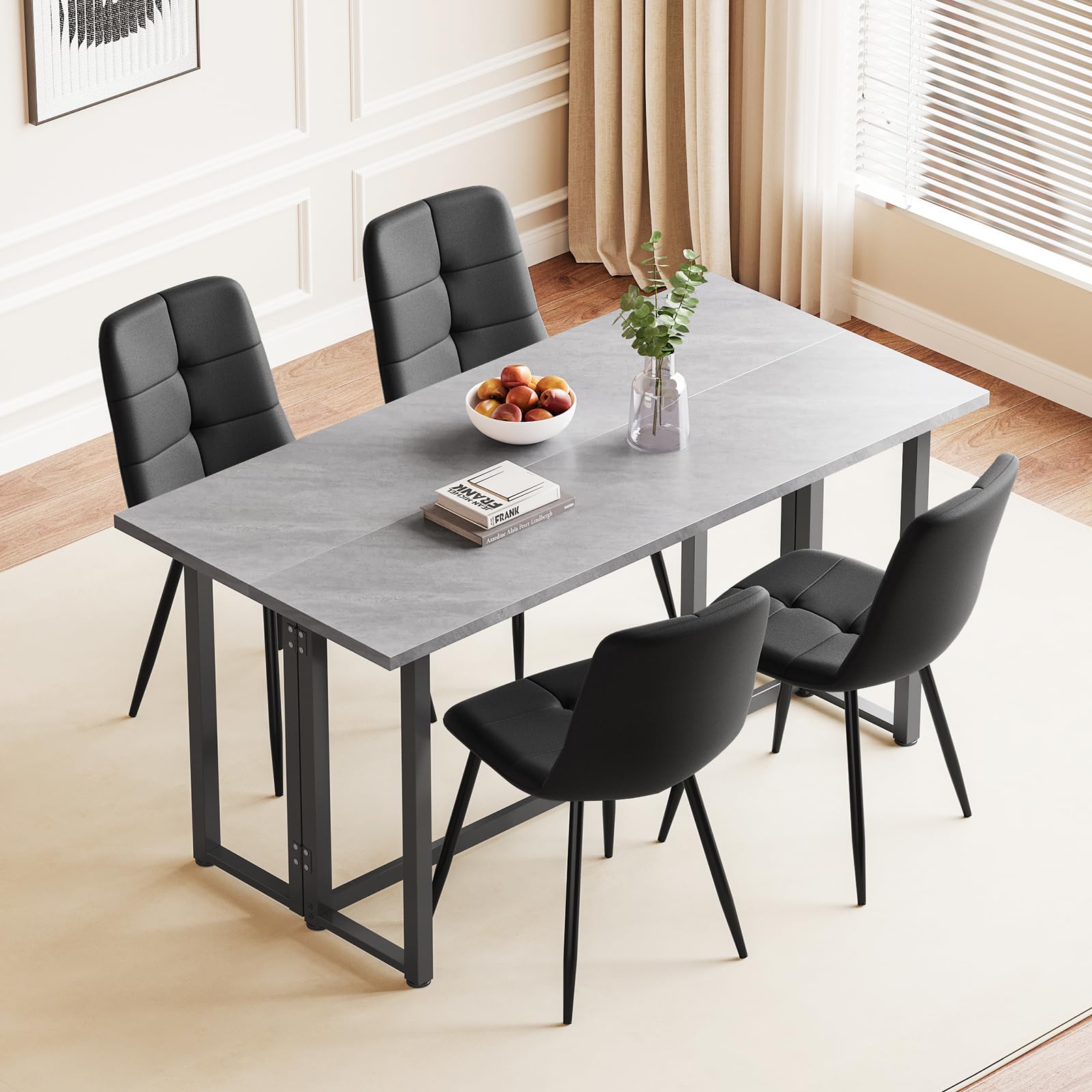 Luxstein Extendable Dining Table and Chairs Set 4,Grey Folding Table with Upholstered 4 Black PU Leather Chairs for Dining Room,Kitchen