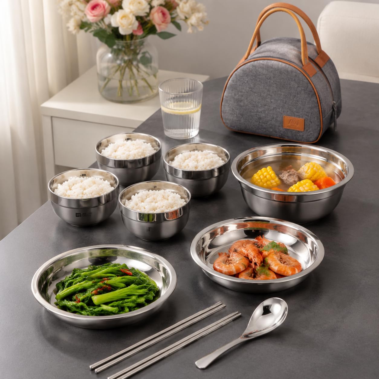 18-teiliges Besteck-Set, mattes Camping-Geschirr aus 304 Material, tragbares Essbesteck mit Beutel, chinesischer Stil, Modern; Minimalistisch; Funkti