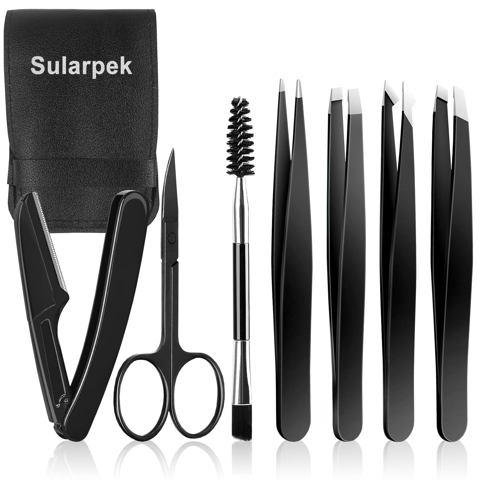 Sularpek 7 Piezas Pinzas Depilar Profesionales, Pinzas Profesionales para Cejas para Pelos Faciales, Espinillas y Astillas, Incluye Estuche de Cuero,Negro