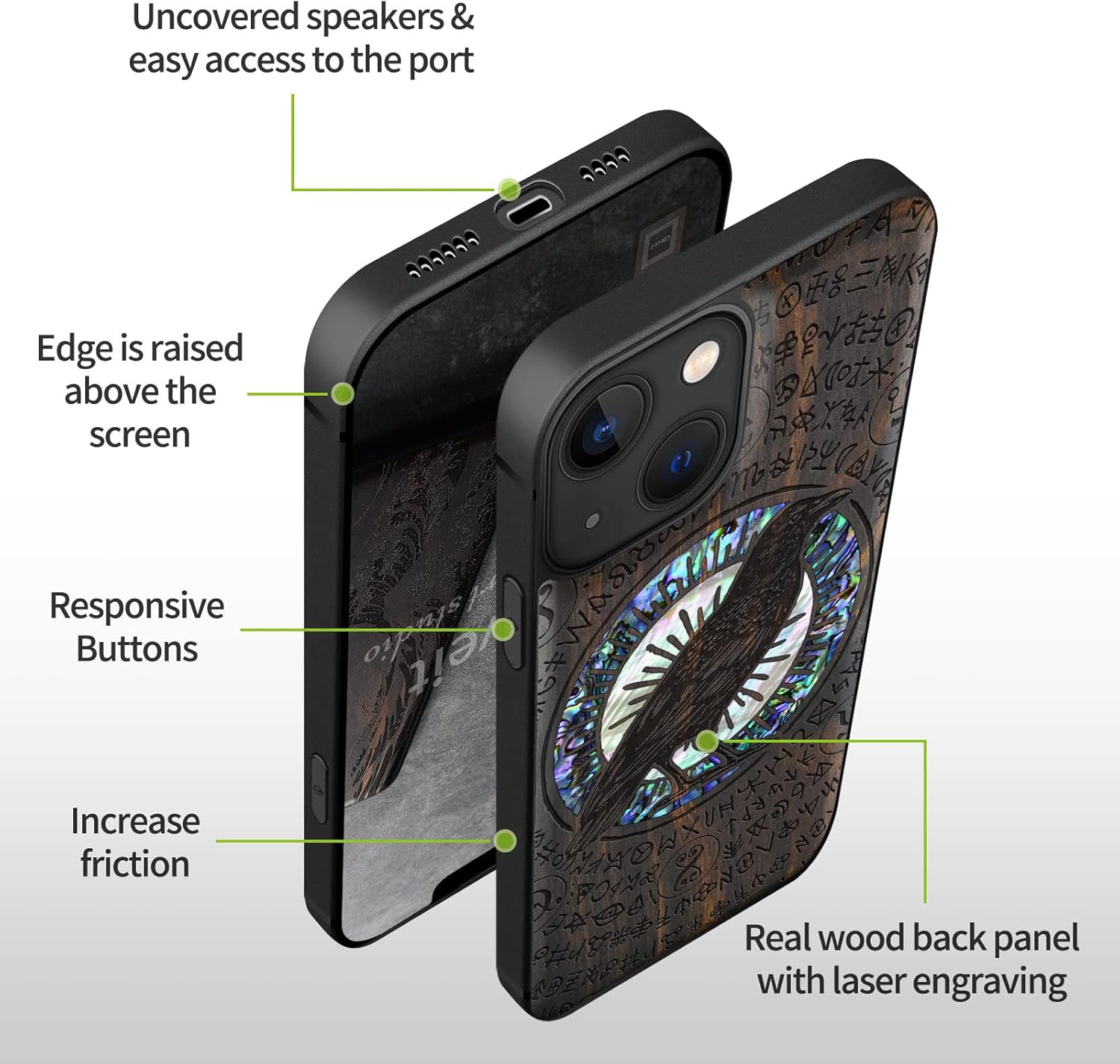 Carveit Designer Wooden Protective Case for iPhone 13 Mini Magnetic Cover [Wood Engraving & Shell Inlay] Wood Phone Case Compatible with 13 Mini MagSafe 5.4 Inch (Raven-Blackwood)