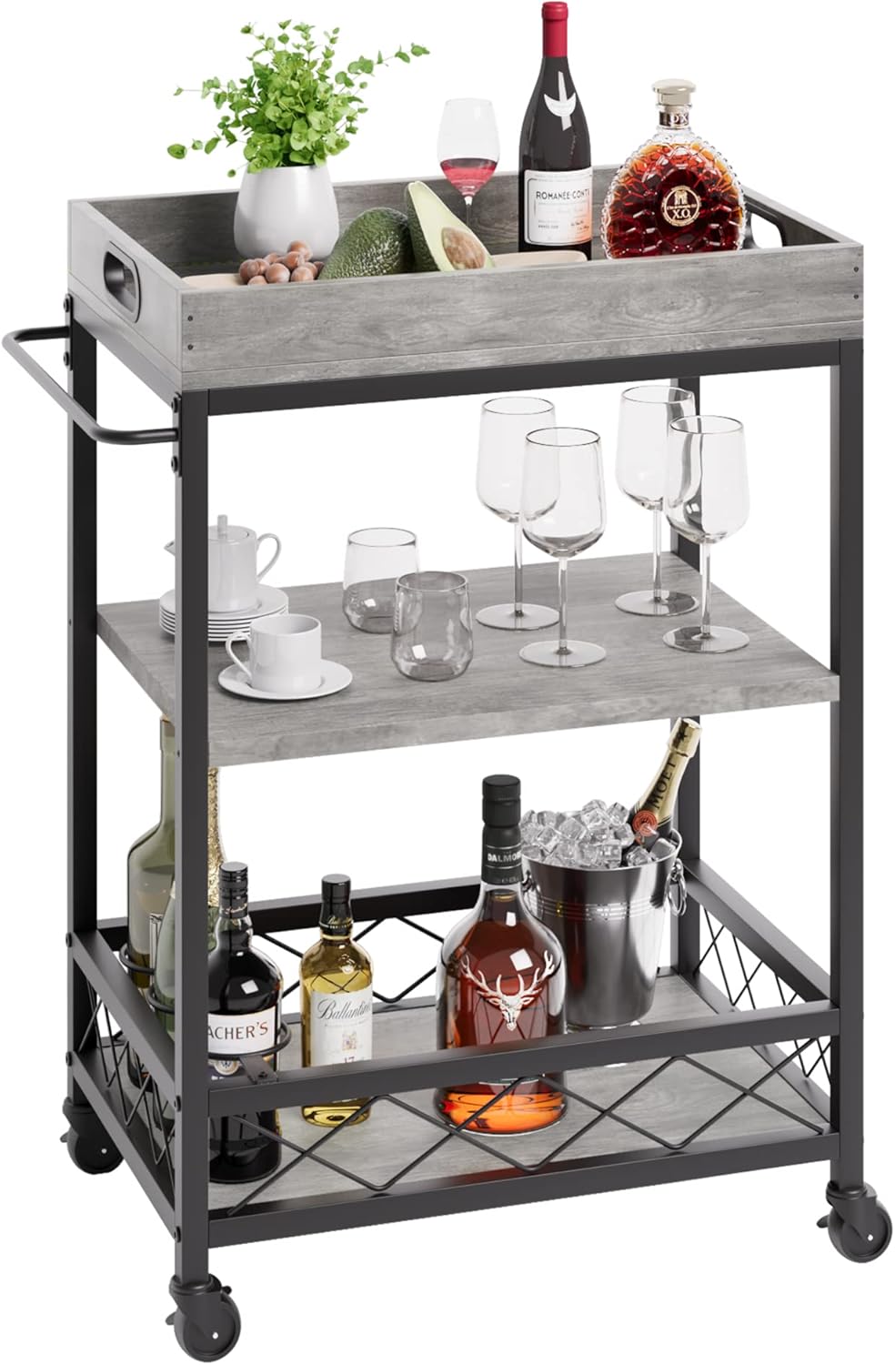 IDEALHOUSE Bar Cart, Bar Carts for The Home, Bar Carts on Wheels, 3 Tier Bar Cart with Wine Rack, Wheel Locks (Grey)