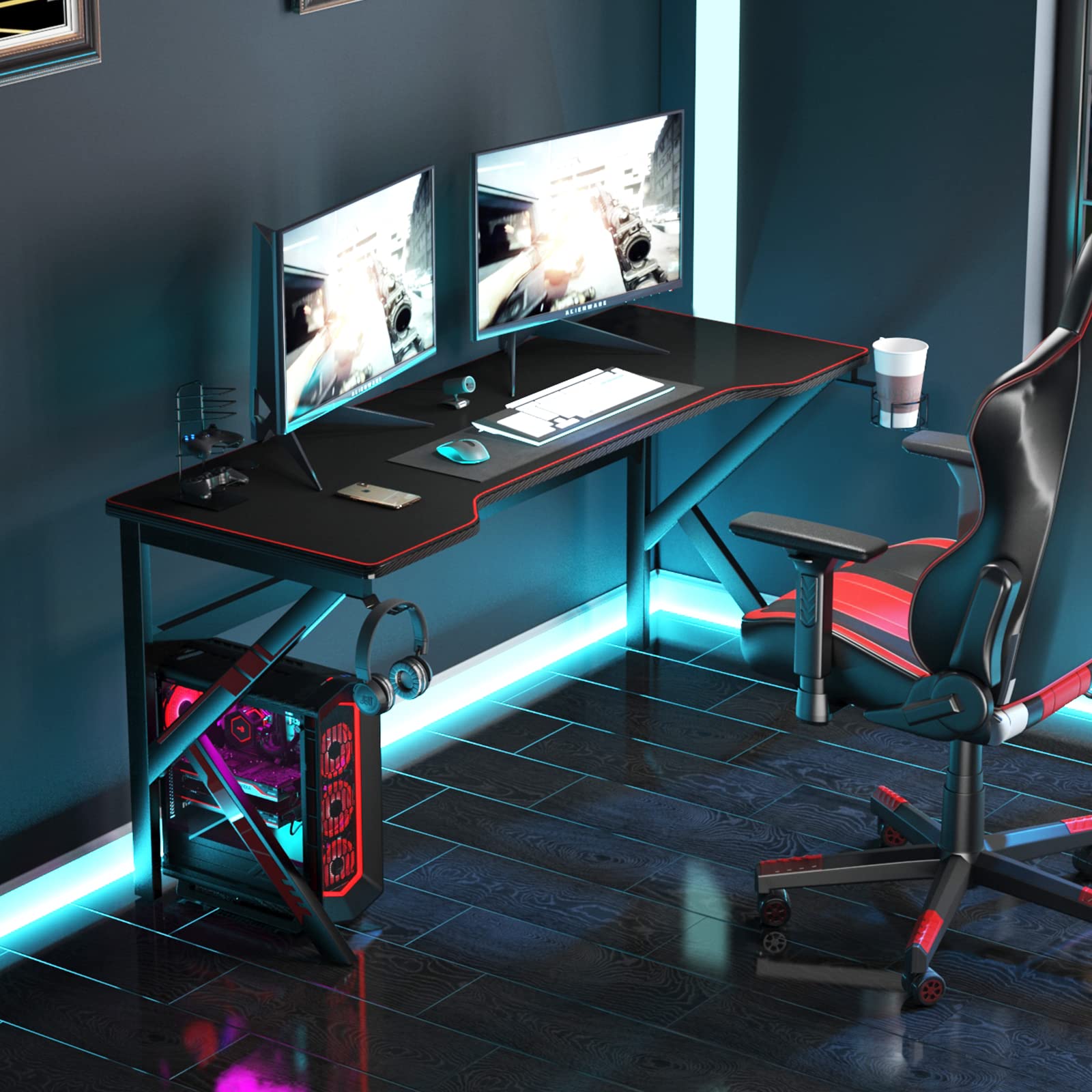 soges Bureau Gaming 160cm Informatique Ordinateur Gamer Pro Bureau de Jeu Table avec Tapis de Souris à Couverture complète Noir