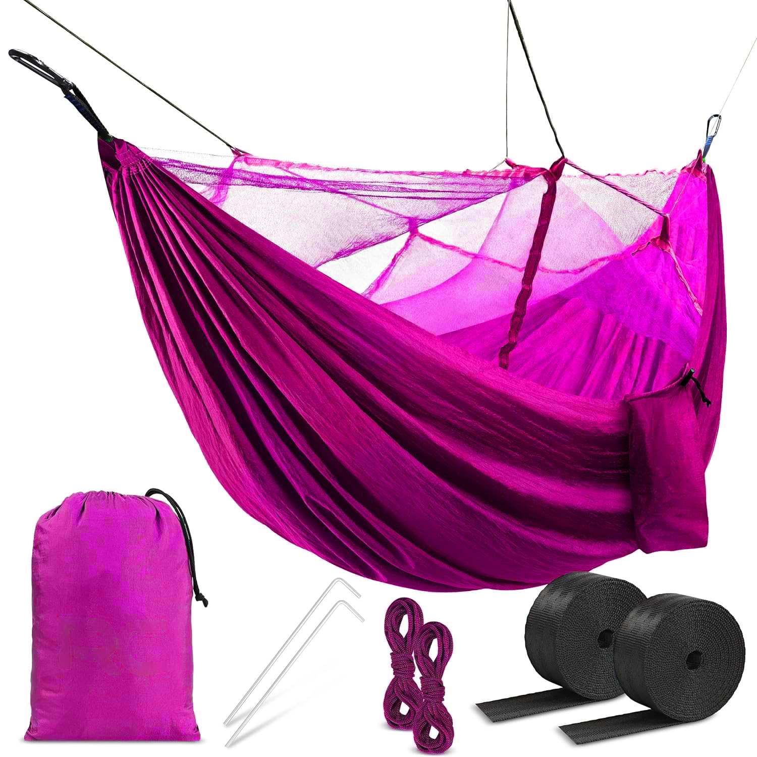 HACER Portable Outdoor Camping Hammock with Mosquito Net & Carabiner Nylon Windproof Hanging Swing for Hiking Backpacking - Pink