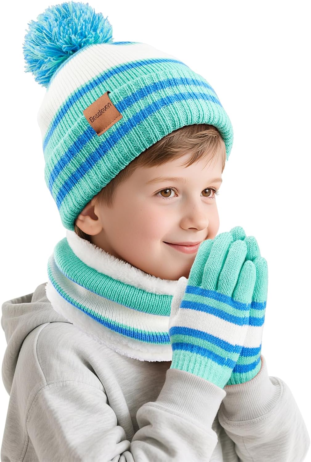Kids Winter Hat Scarf Gloves: Boys Beanie Hats Gloves Set for Ages 6-10 Warm Thick Fleece Lined Winter Set Knit Cap Snow Ski