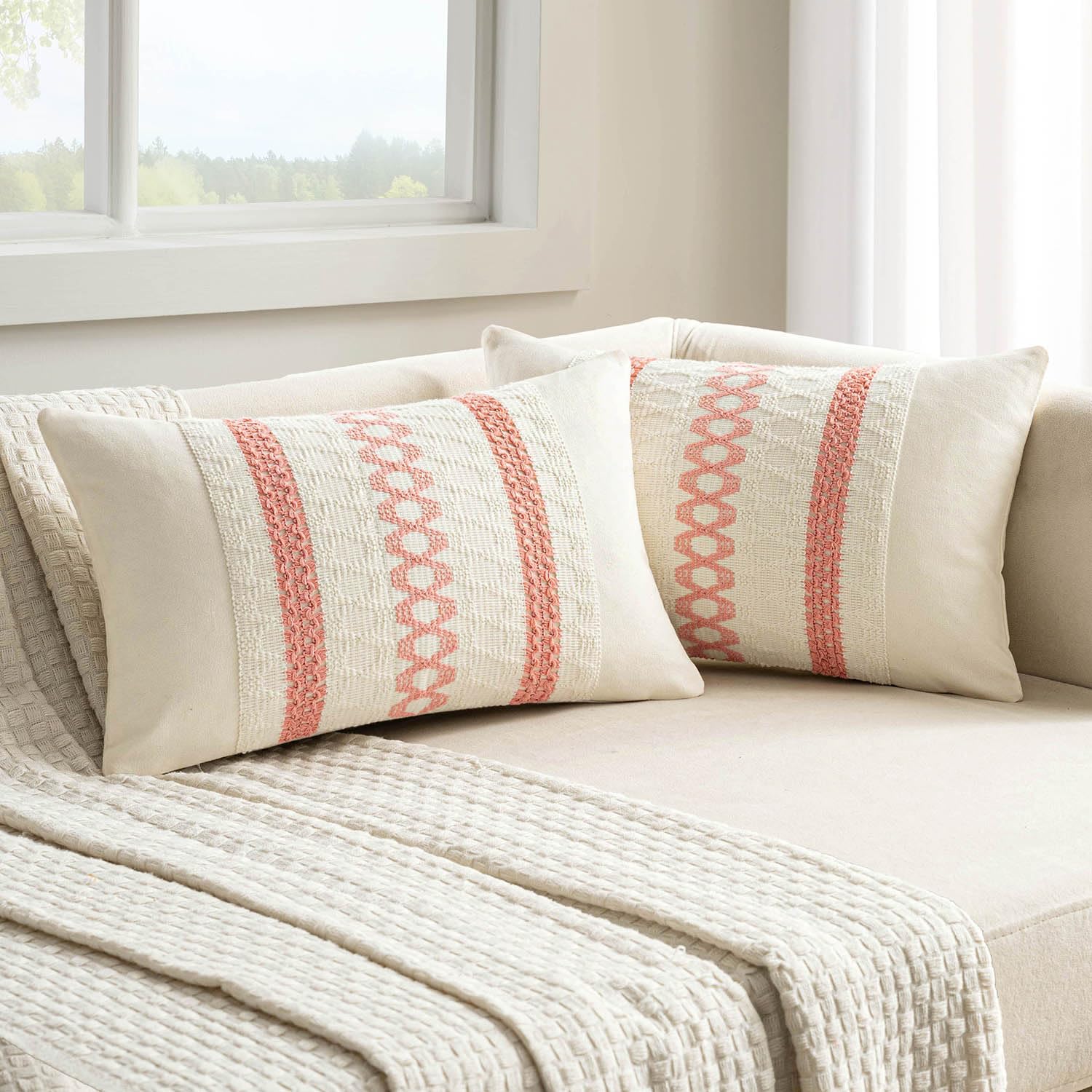MIULEE Set of 2 Coral Red Boho Decorative Lumbar Pillow Covers 12x20 Inch