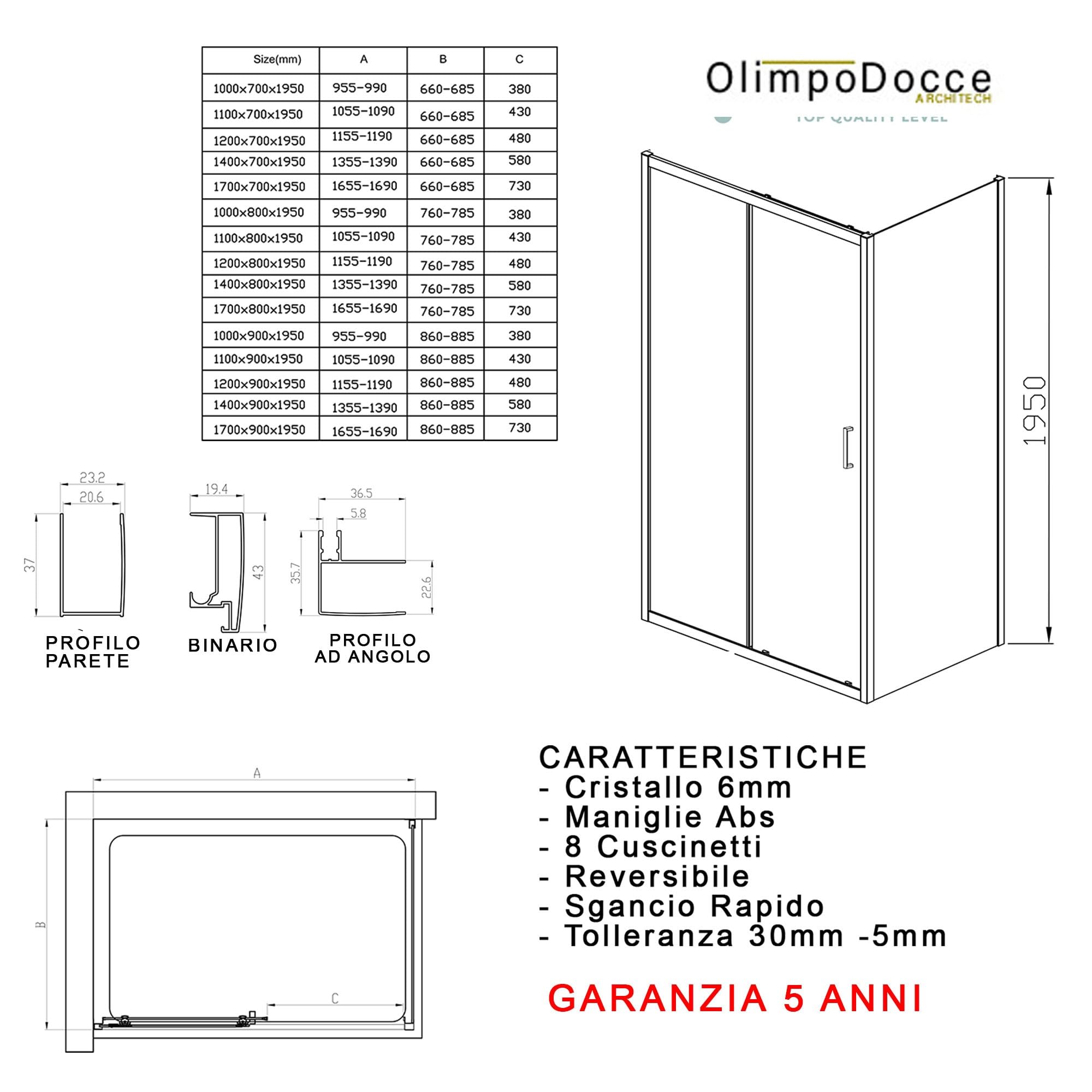 Box doccia 2 lati scorrevole e 1 lato fisso MATIAS h 195 cm - Misura 90x140