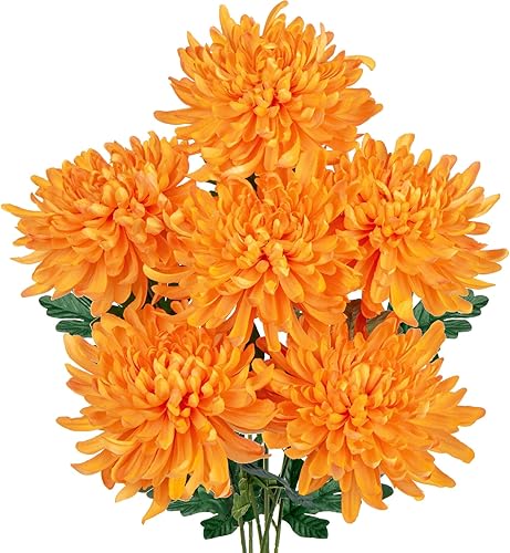 Briful Flores artificiales de crisantemo de cabezas grandes de 6 pulgadas, 6 tallos de 26 pulgadas, ramo de flores falsas de seda naranja para