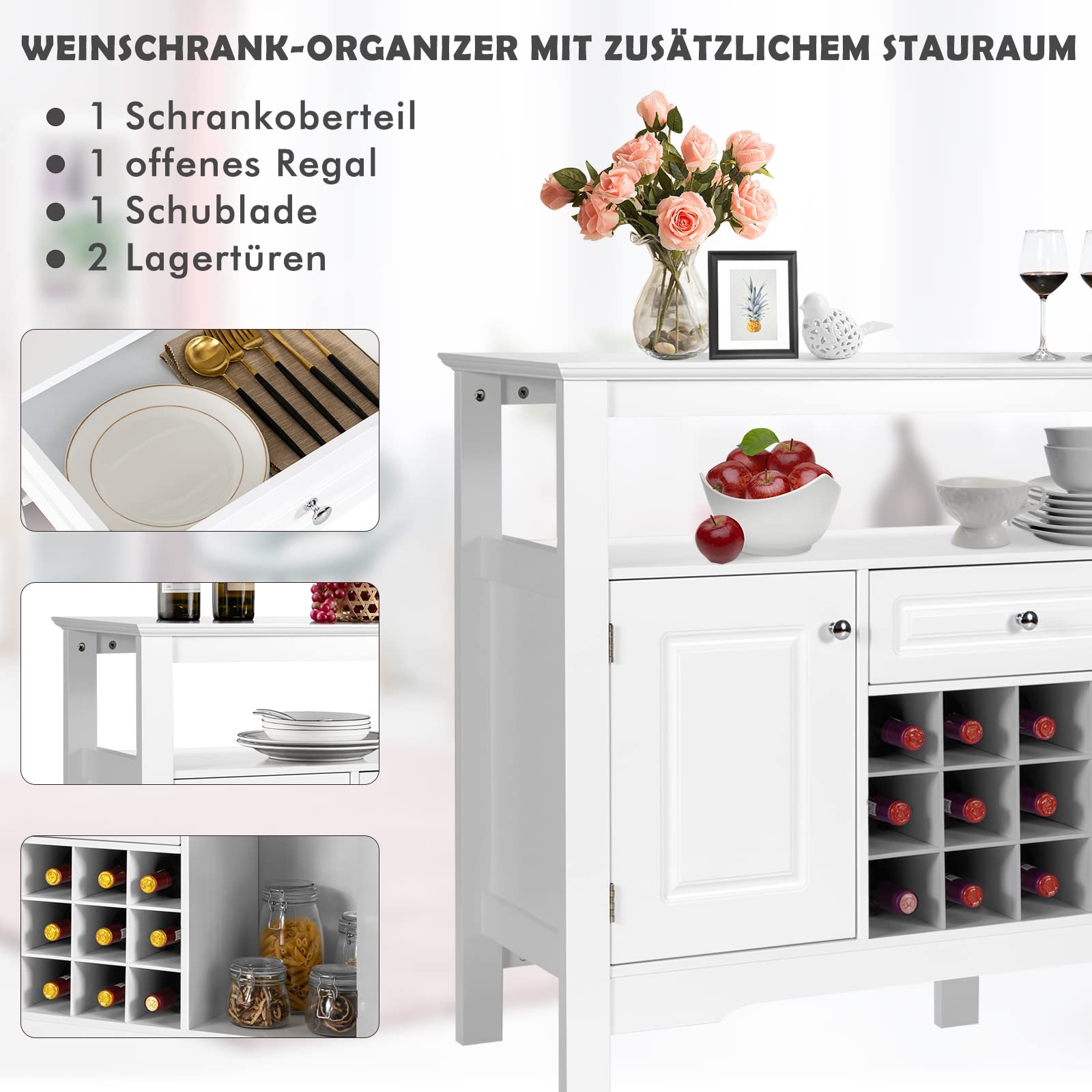 GOPLUS Sideboard mit Weinregal, Küchenschrank mit Offenem Regal, 1 Schublade & 2 Türen, Beistellschrank für Wohnzimmer, Küche & Esszimmer, 117 × 40,5 × 85,5 cm (White)