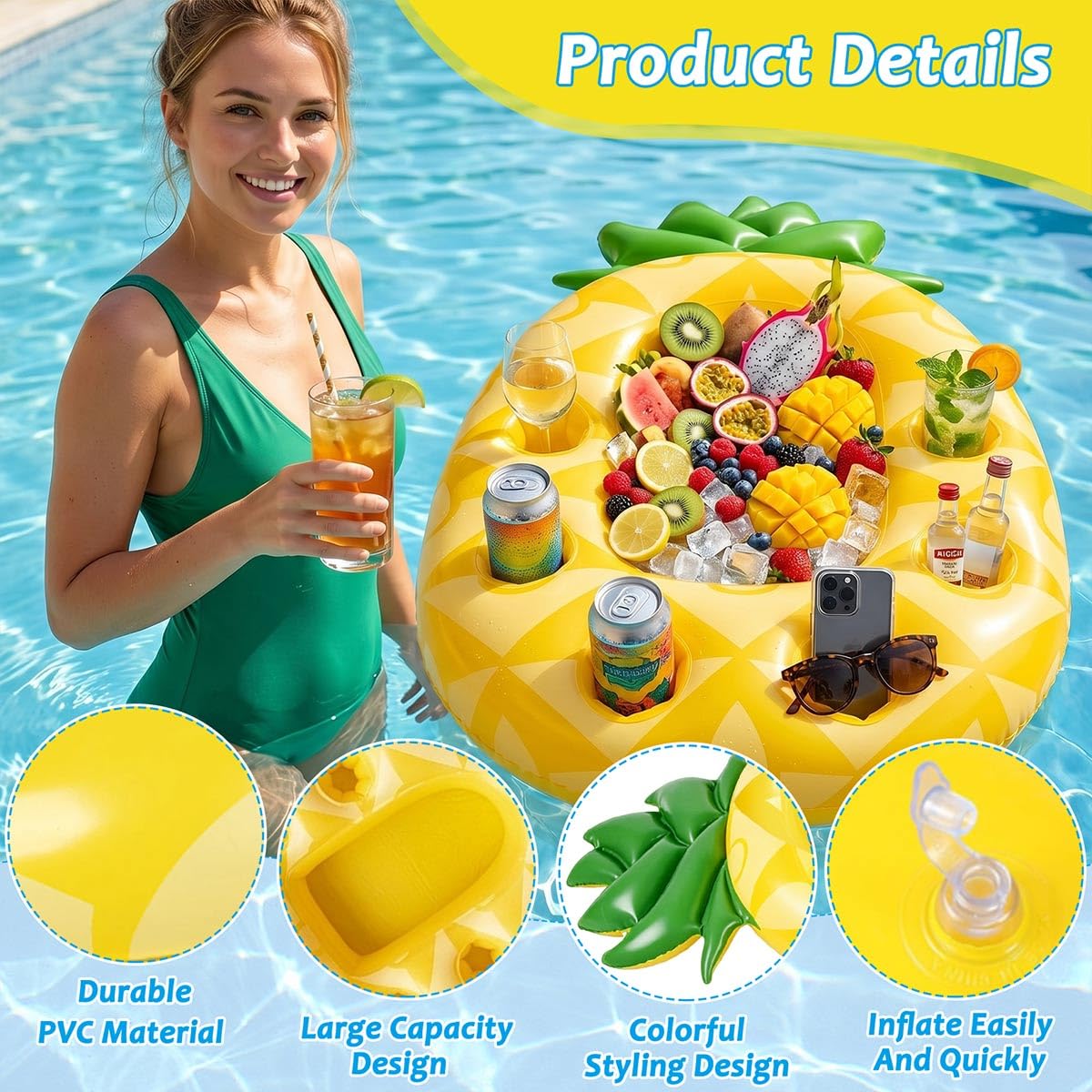 Soporte Inflable Para Bebidas Y Aperitivos De Piscina Con 8 Agujeros – Flotador De PVC Resistente Para Verano, Playa Y Fiestas (65x50 Cm)