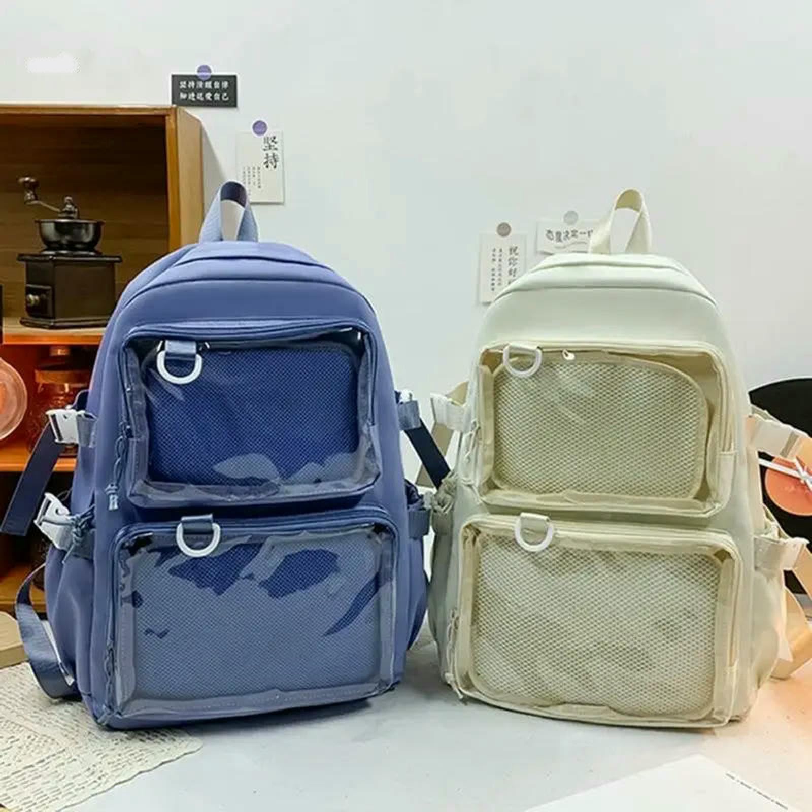 Zaino Studente Universitario Grande capacità Nylon Zaino Trasparente Tasca Borsa Scuola Distintivi