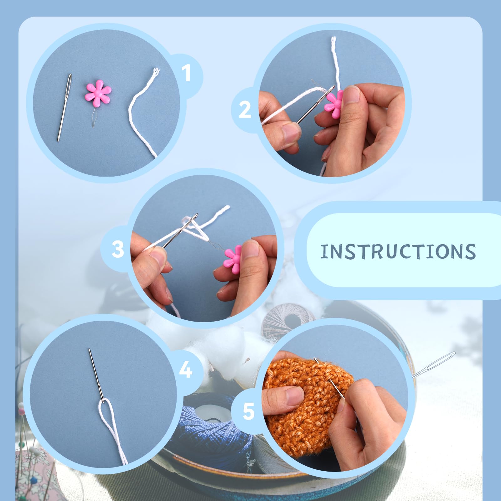 Juego de 48 agujas de coser de plástico para ojos grandes, 15 agujas romas de ojo grande, agujas de hilo, agujas de ojo grande, 10 marcadores de punto de punto con caja, enhebrador de agujas para