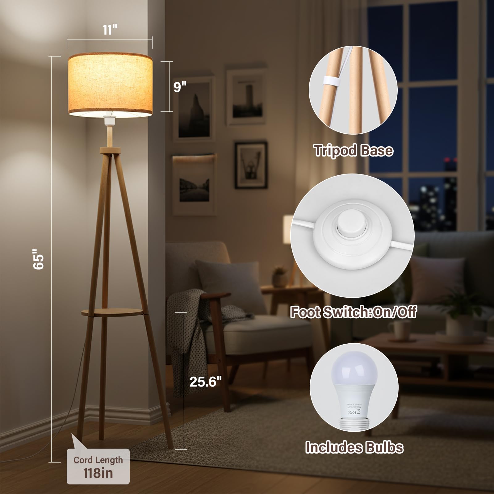 NIKYJM Stehlampe Wohnzimmer mit Regal, Holz Standleuchte LED Dimmbar Dreibein 3 Farbtemperatur Halbe Stunde und Eine Stunde Timerfunktion mit Lampenschirm Fußschalter für Wohnzimmer Schlafzimmer Büro