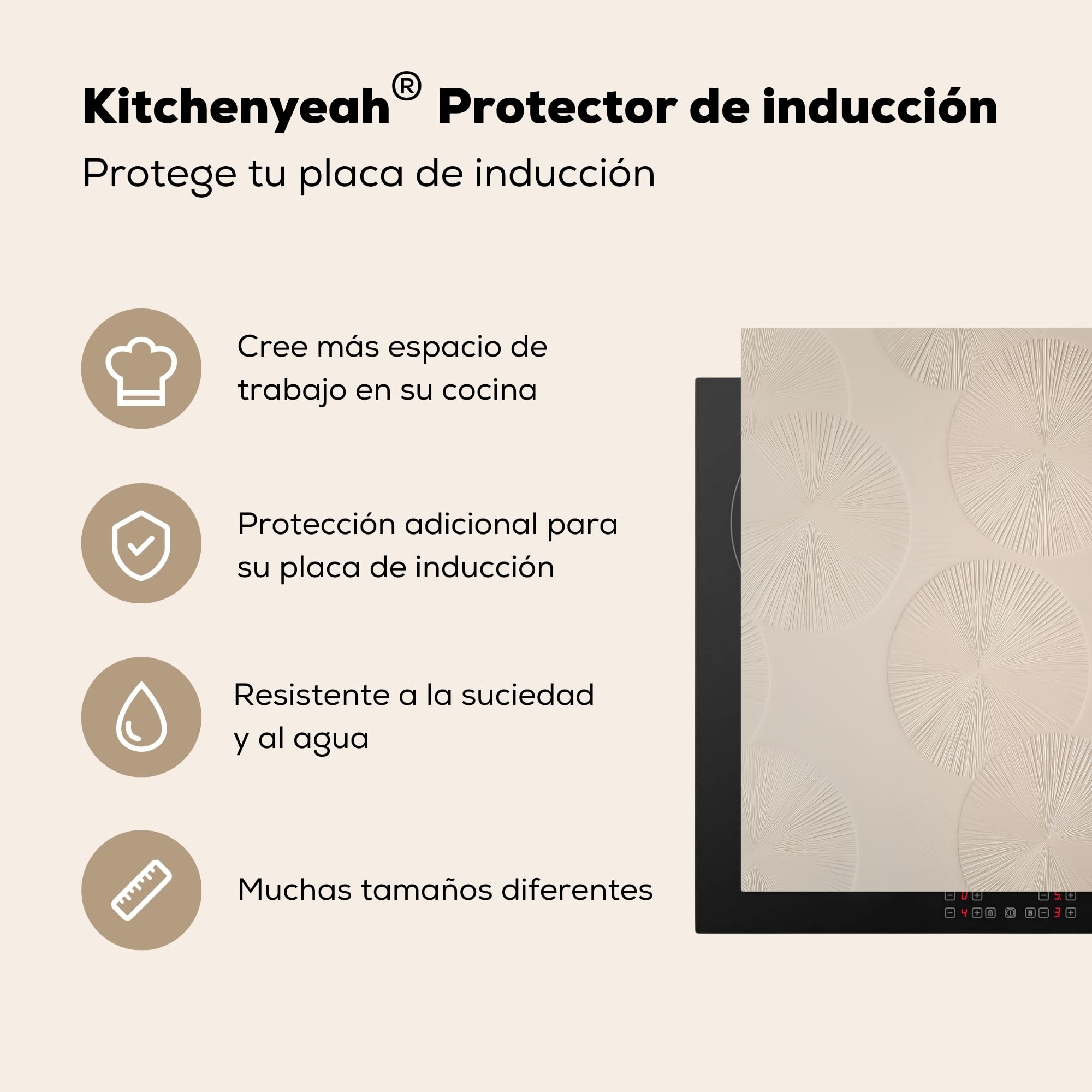 KitchenYeah© Protector Vitroceramica 60x52 cm Tapa para induccion Placa Encimera Cubre de Protectora Cocina Japandi - Beige - Moderno