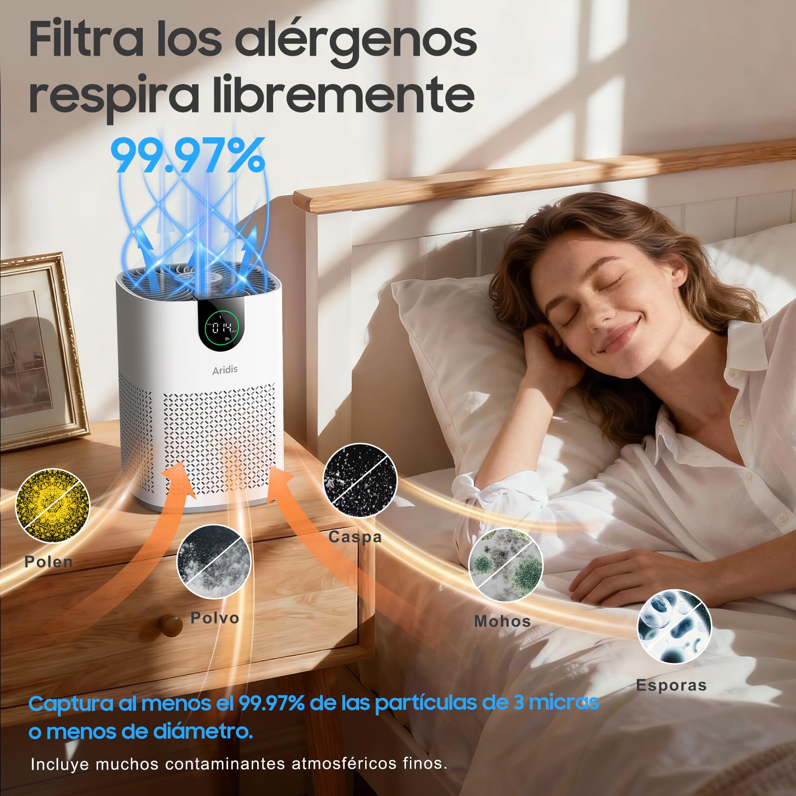 Purificador de Aire con Filtro HEPA - Filtro para Habitaciones Polen, Alergias, Olores y Pelo de Mascotas, con Esponja de Aromaterapia, 7.2W y 3 Velocidades, Silencioso Versión Mejorada