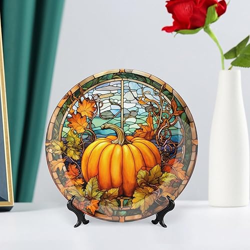 Miniatura 6 de Platos decorativos de calabaza de otoño con diseño de vitrales, platos de cerámica para decoración del hogar, exhibición de platos llanos para sala