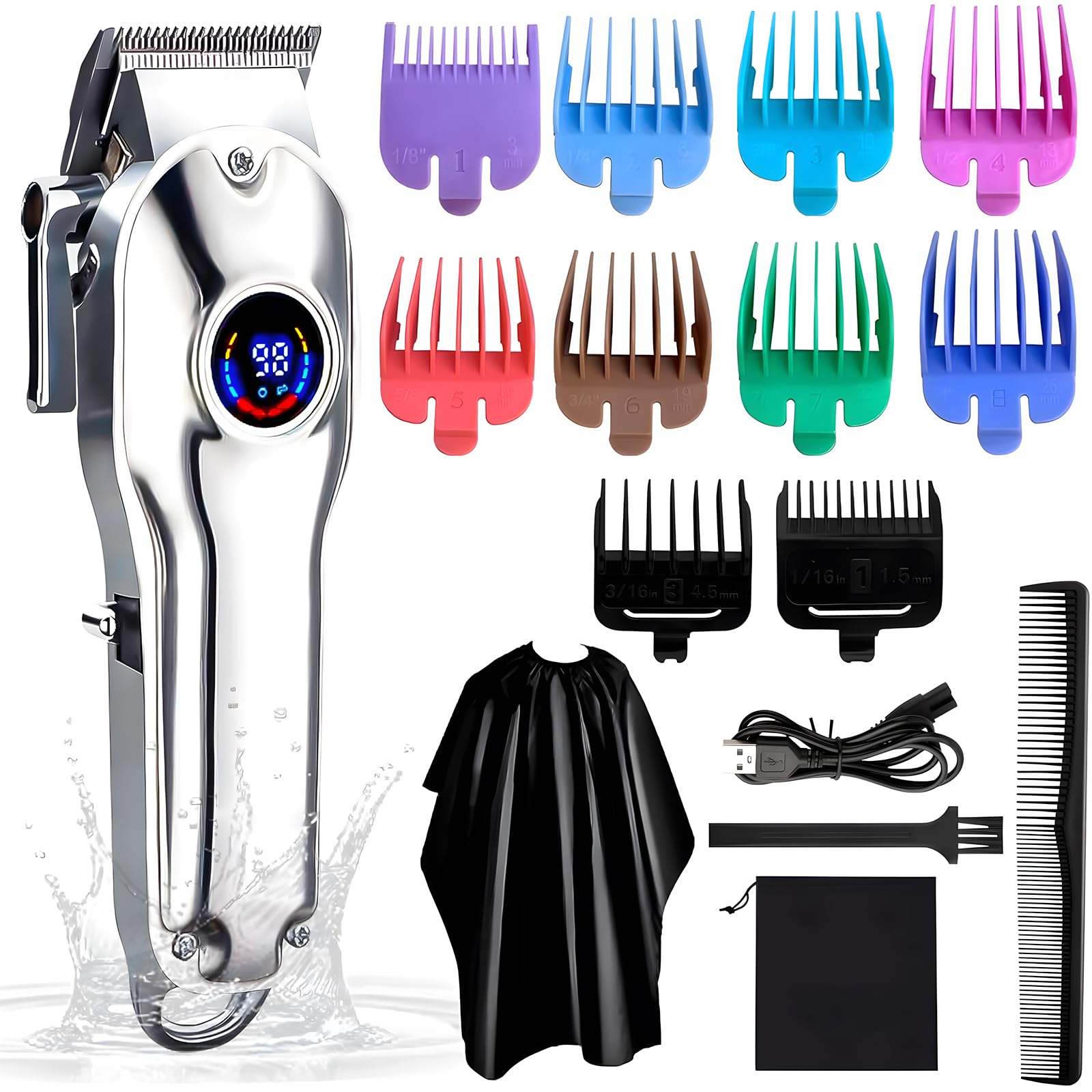 Men’s Hair Clipper Beard Trimmer Hair Trimmer Shaver for Men Professional Barber Clippers Waterproof Cordless Hair Trimmer, Rechargeable Trimmer, Male Grooming Set, Colorful Guide Combs-image-44