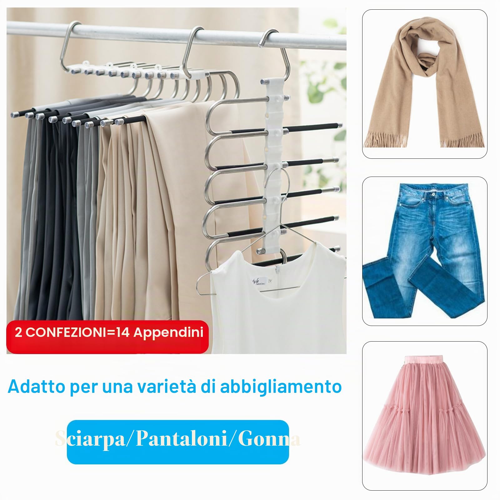Loputon Grucce Pantaloni, 2 Pezzi Grucce Appendiabiti Pantaloni Salvaspazio in Acciaio Inox Antiscivolo Multifunzione Appendini Per Pantaloni Sciarpe, Jeans, Vestiti - Nero con 14 Appendini