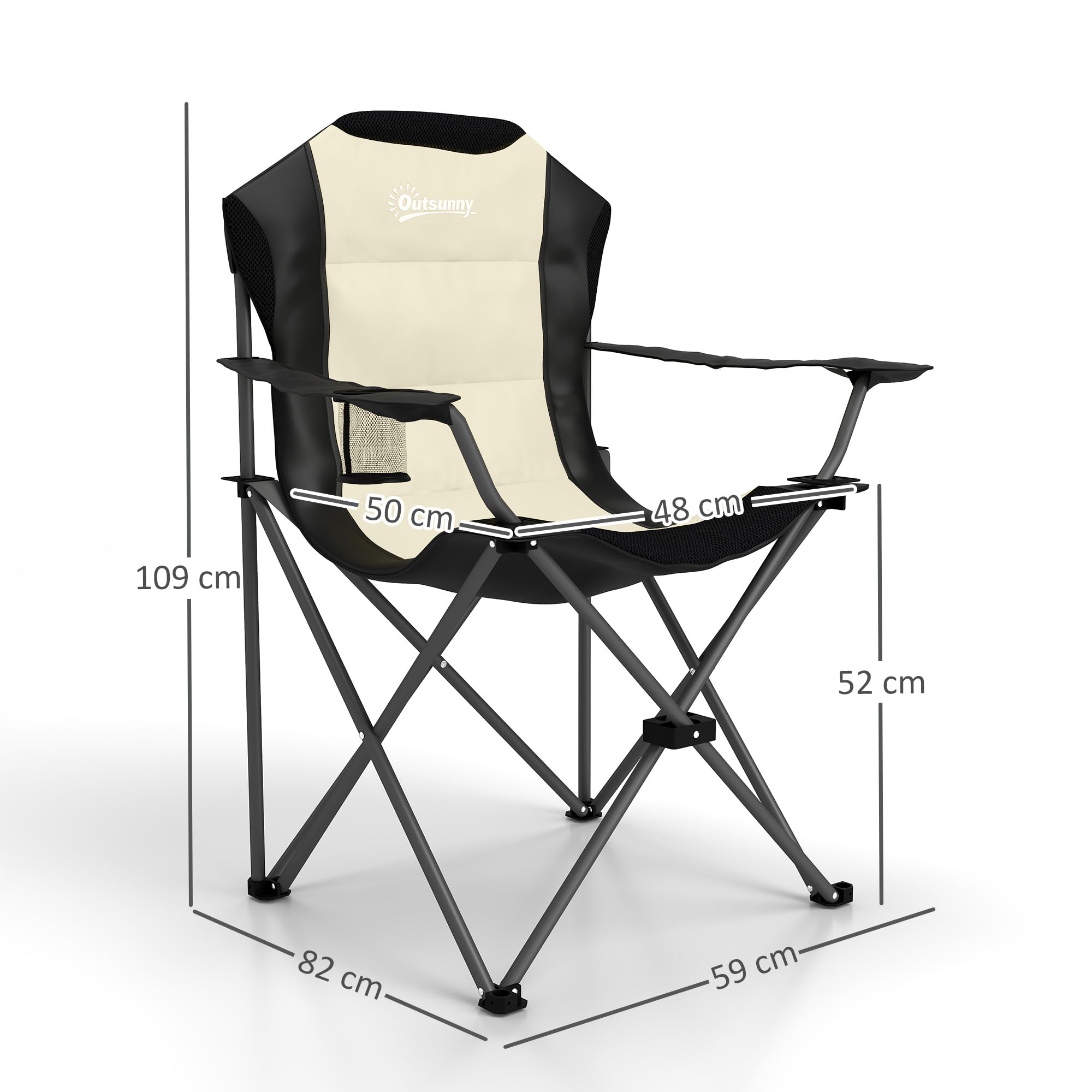 Outsunny Set di 2 Sedie da Campeggio Pieghevoli con Schienale Alto, Portabicchieri e Borse da Trasporto, Sedie per Esterno in Metallo e Tessuto Oxford, per Giardino Spiaggia Picnic Esterni, Crema