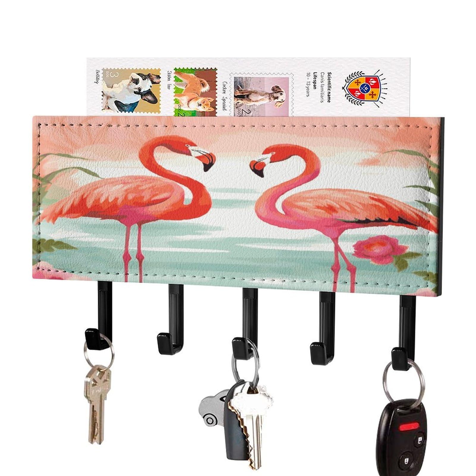 LDGSUPH Two Red Flamingos Key Holder Wall Mount Key Hanger with 5 Hooks Fashion Key Organizer Rack Hanging Key Hooks with Mail Organizer Key Rack for Home Entryway Hallway Black-Style