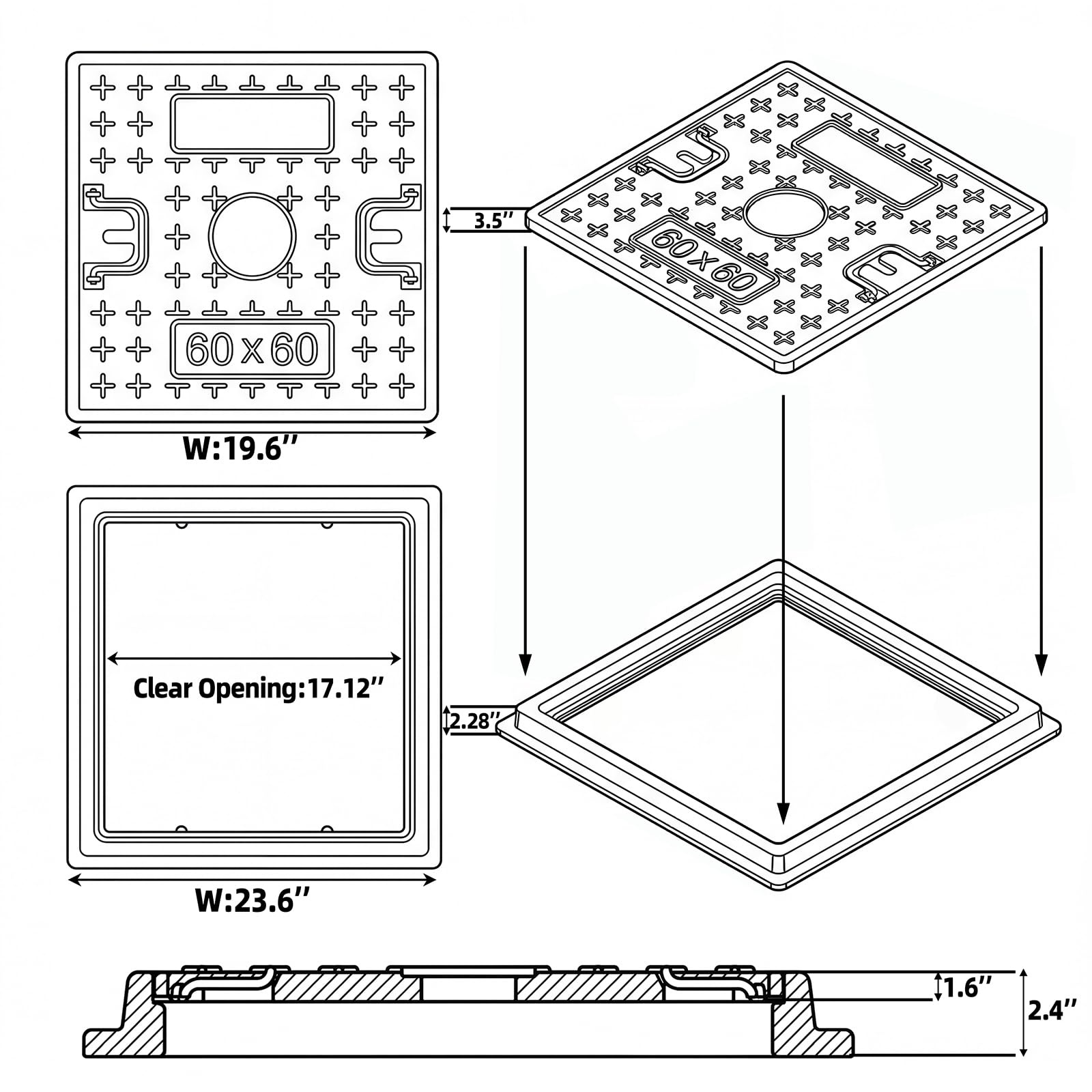 Maeklon 24"x24" Solid Square Septic Tank Lid and Base, 1.5T Load-Bearing Manhole Cover and Frame with Handles, Reinforced Manhole Cover for Yard Lawn Garden Pavement, Black - 3
