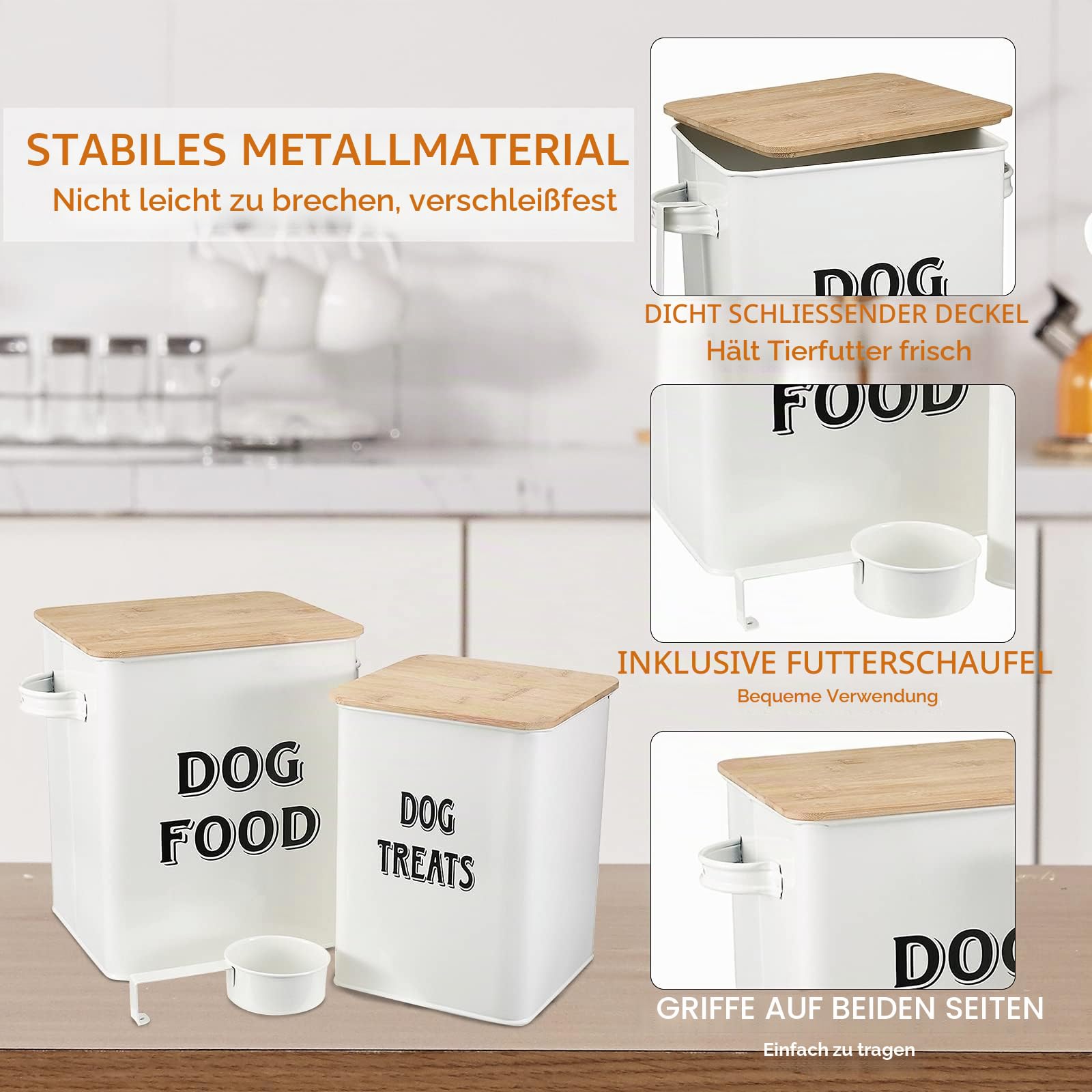 Pethiy Hundefutter und Hundeleckerlis Behälter,Futtertonne mit Schaufel,Eng anliegende Holzdeckel,beschichteter Kohlenstoffstahl,Aufbewahrungsbehälter Dosen,vorratsbehälter für hundefutter -Weiß
