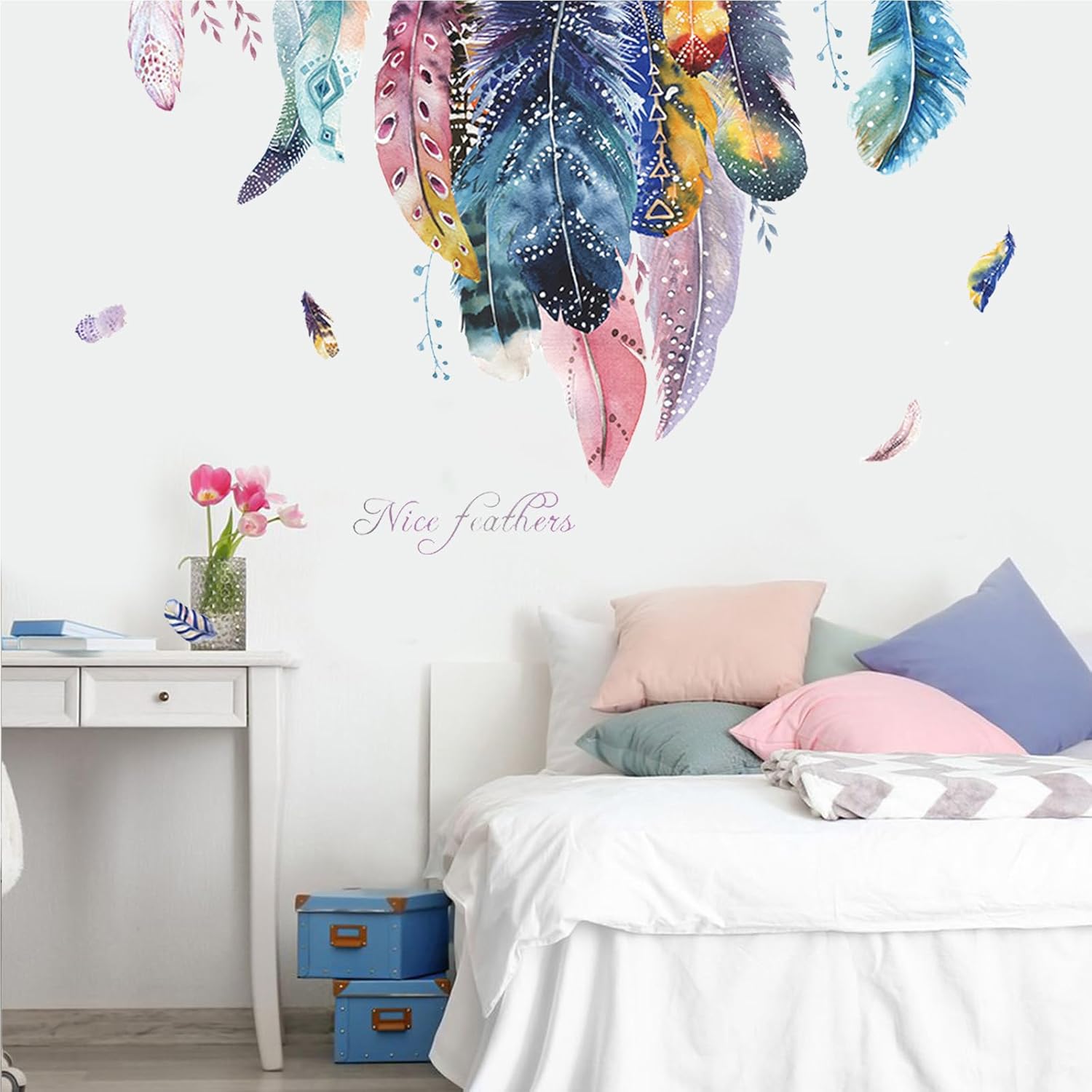 OCXEQJX Literary Colorful Feather Wall Decals Removable Decal Peel and Stick Wall
